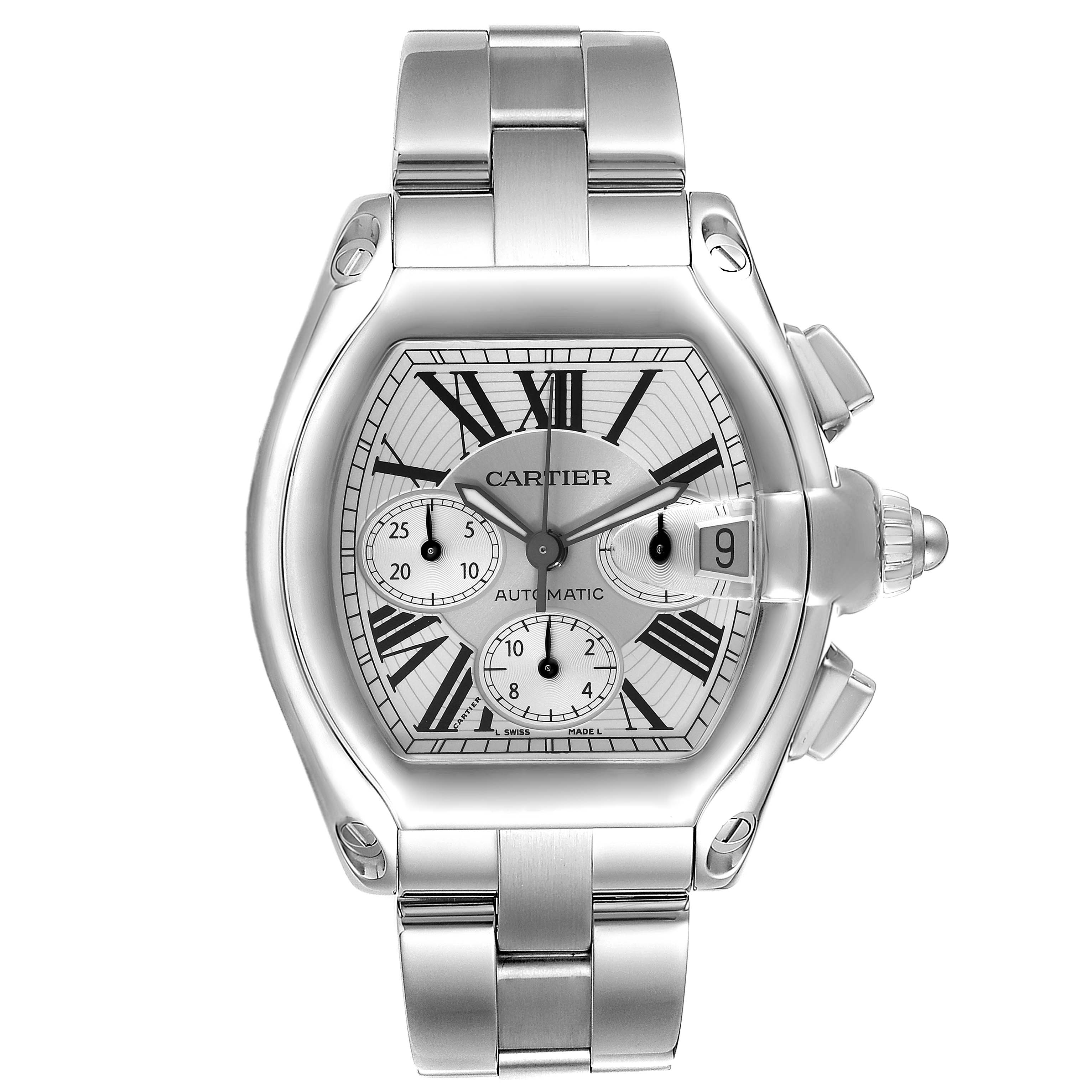 The image shows a Cartier Roadster W62019X6 Men's Stainless Steel Silver Dial W62019X6 Men's Stainless Steel Silver Dial watch from a front angle, highlighting its dial, subdials, date function, and stainless steel bracelet.