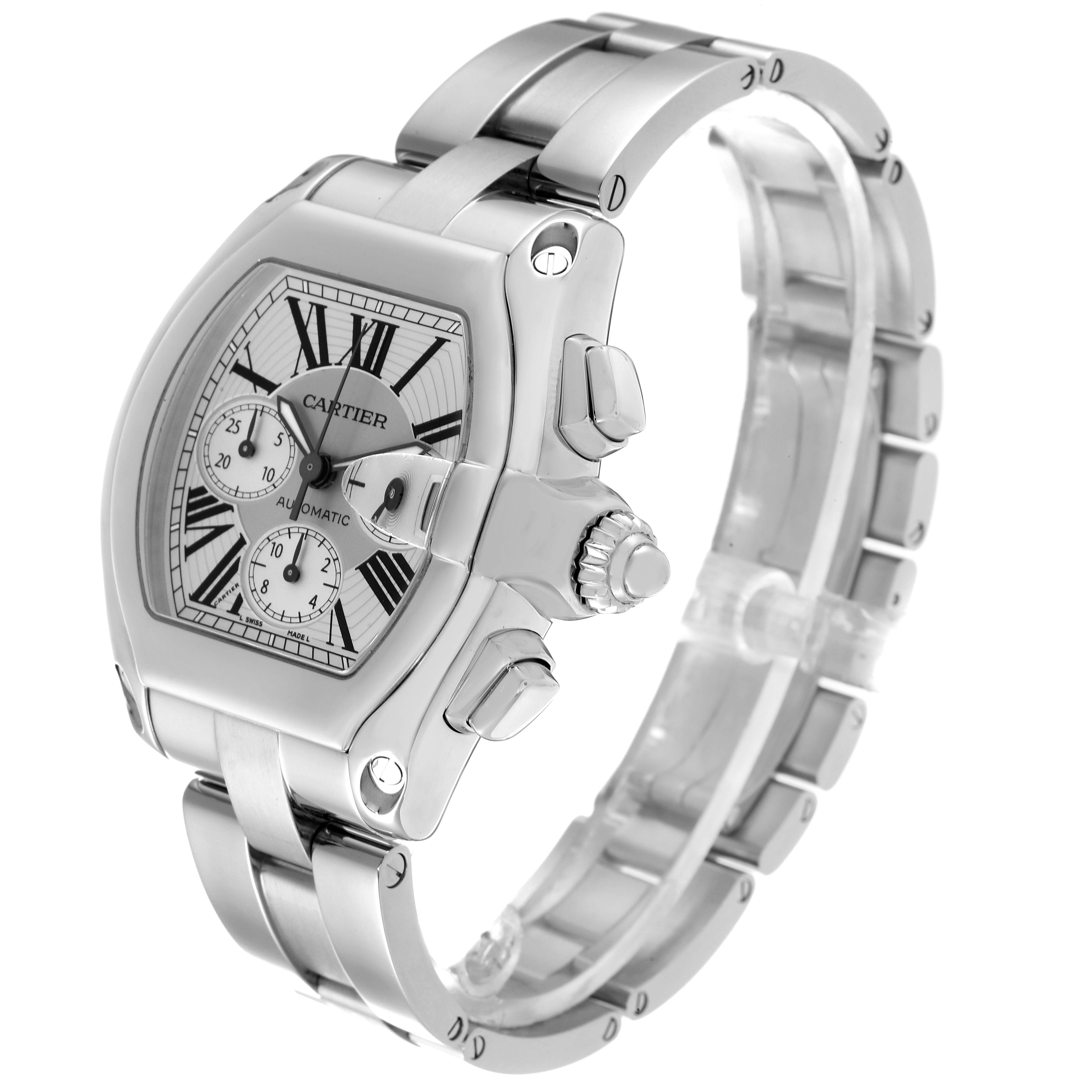 The image shows a Cartier Roadster W62019X6 Men's Stainless Steel Silver Dial W62019X6 Men's Stainless Steel Silver Dial model watch highlighting its face, crown, and bracelet in a three-quarter view.
