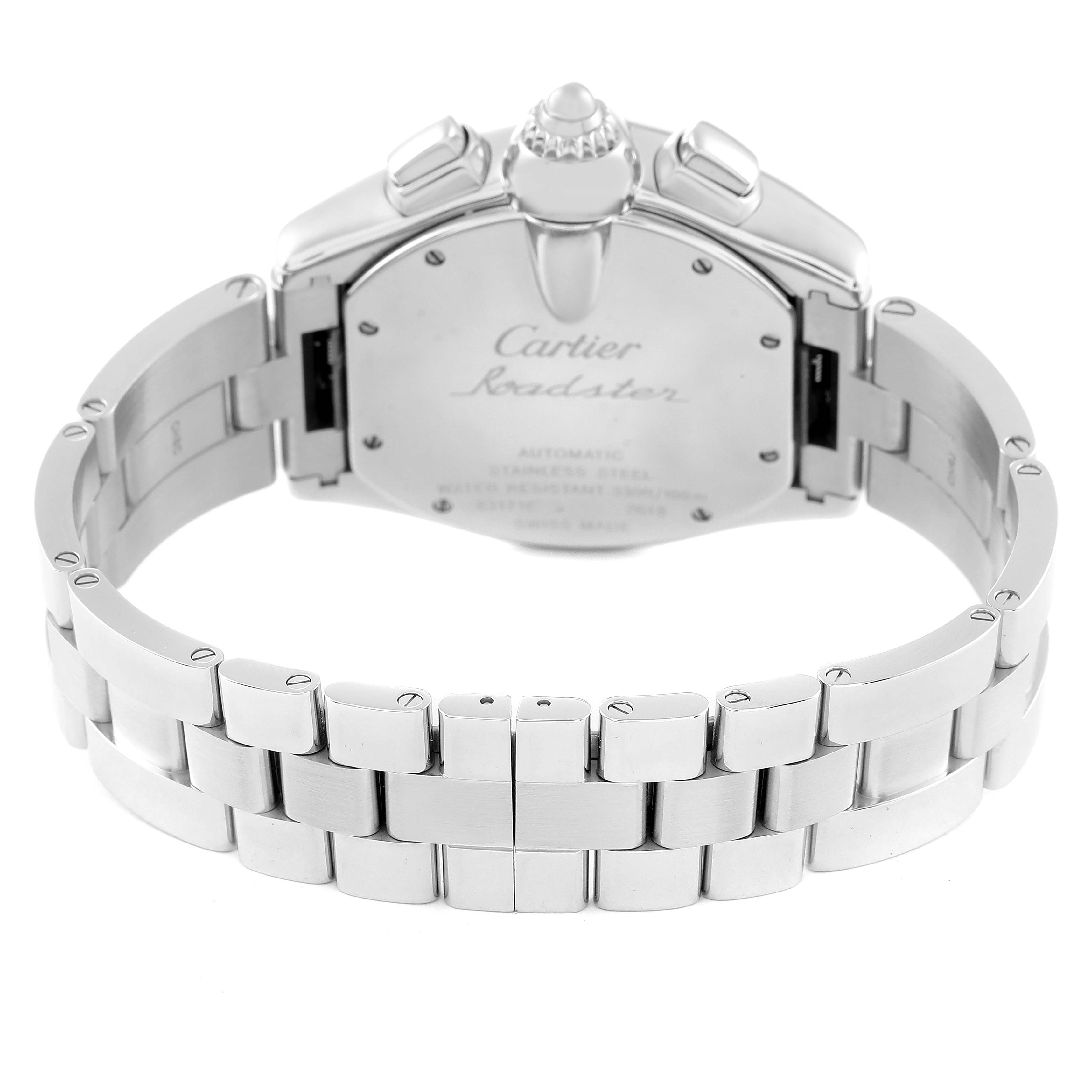 This image shows the back case and bracelet of the Cartier Roadster W62019X6 Men's Stainless Steel Silver Dial W62019X6 Men's Stainless Steel Silver Dial watch from a rear angle.