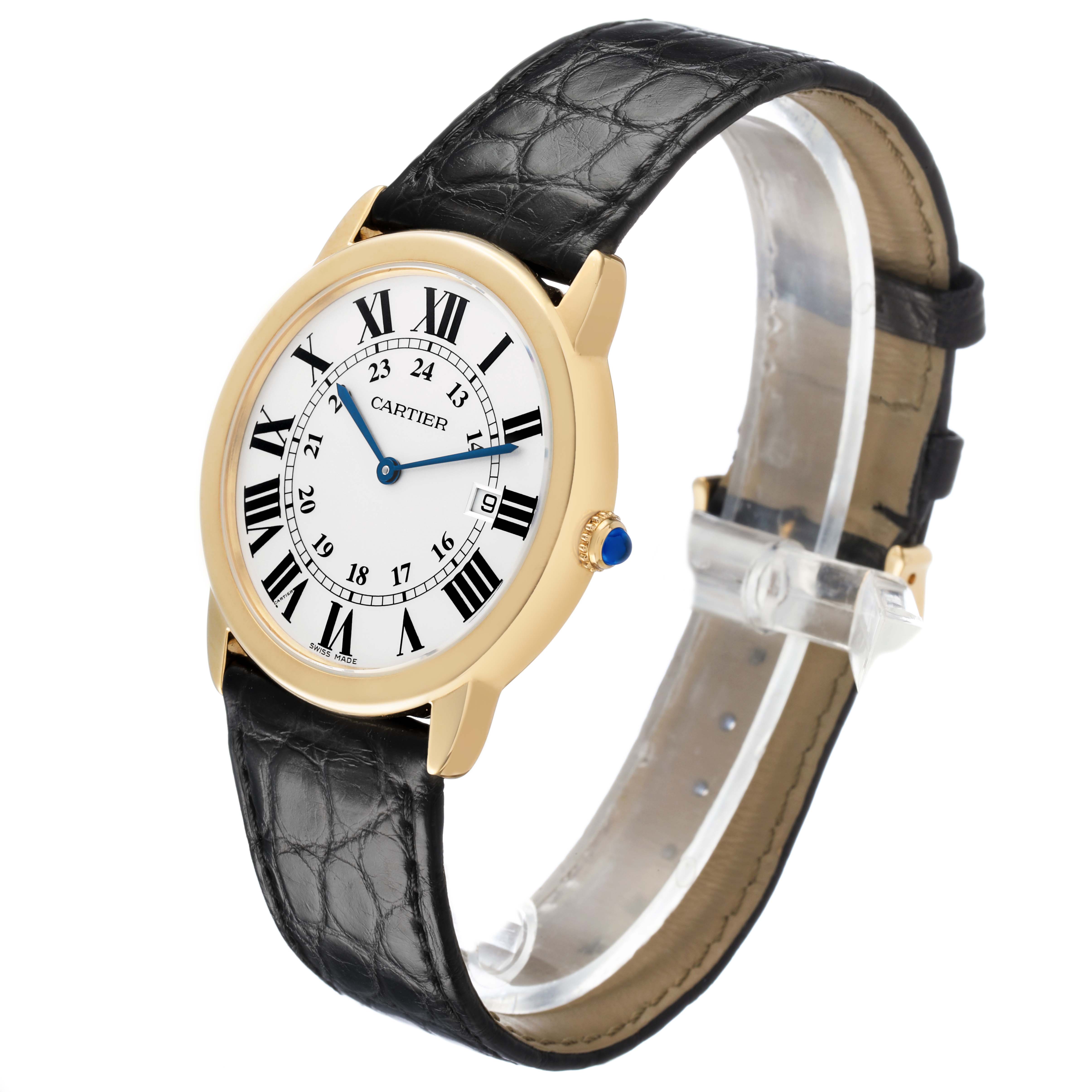 The Cartier Ronde W6700455 Men's Yellow Gold Silver Dial watch is shown at a three-quarter angle, highlighting the face, case, crown, and leather strap.