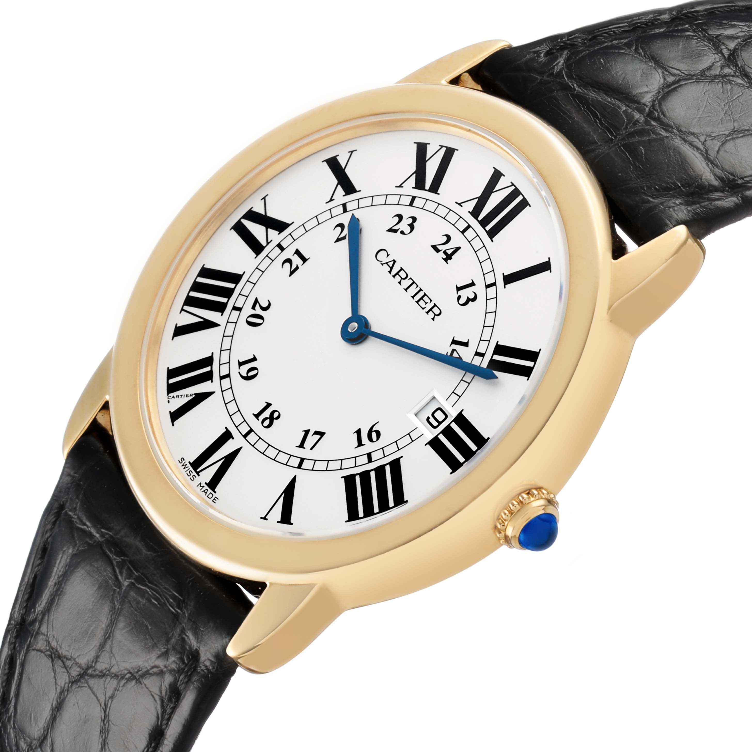 The Cartier Ronde W6700455 Men's Yellow Gold Silver Dial watch is shown at an angled view, displaying the dial, case, crown with a blue cabochon, and part of the strap.