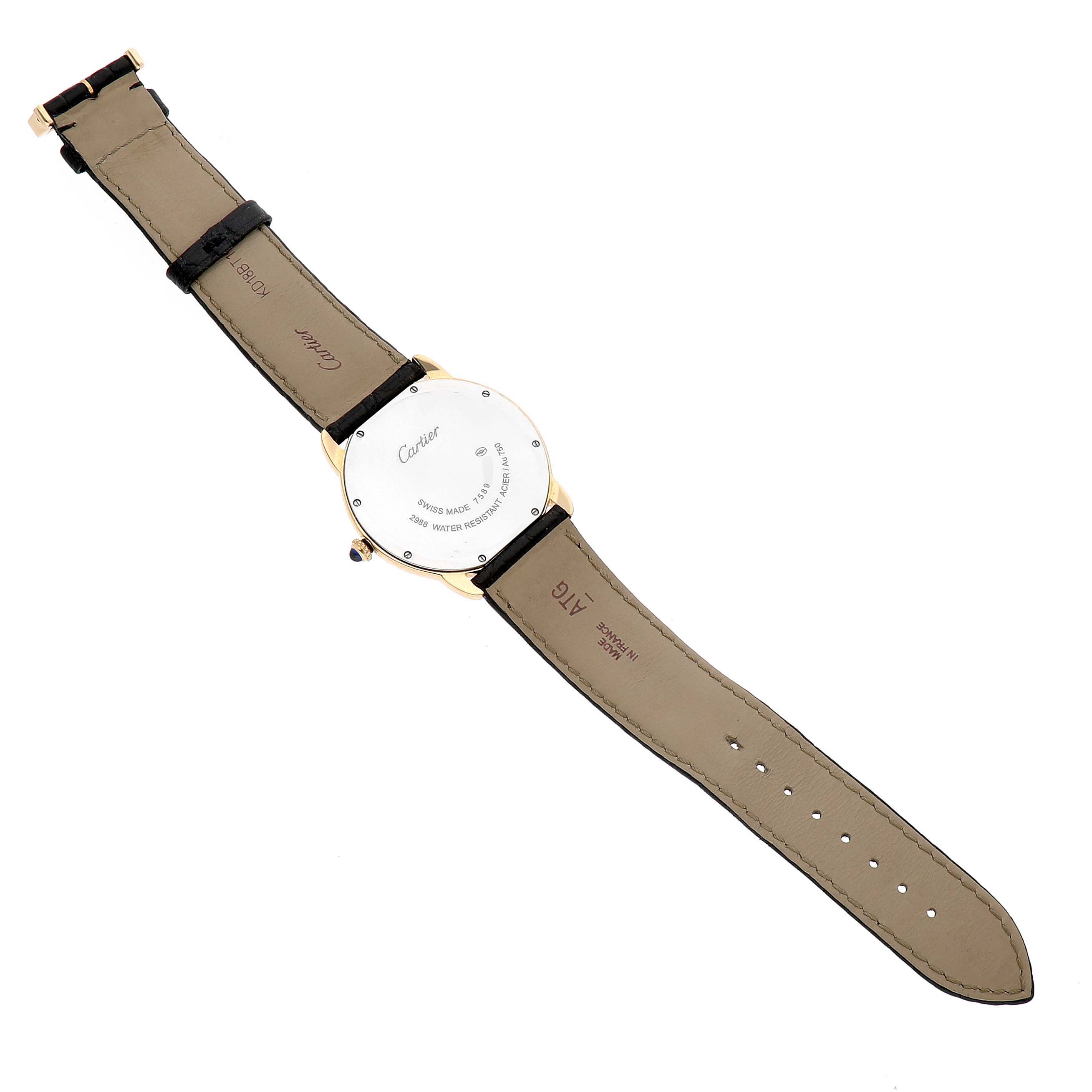 The image shows the back view of the Cartier Ronde W6700455 Men's Yellow Gold Silver Dial watch, highlighting the case back and leather strap.