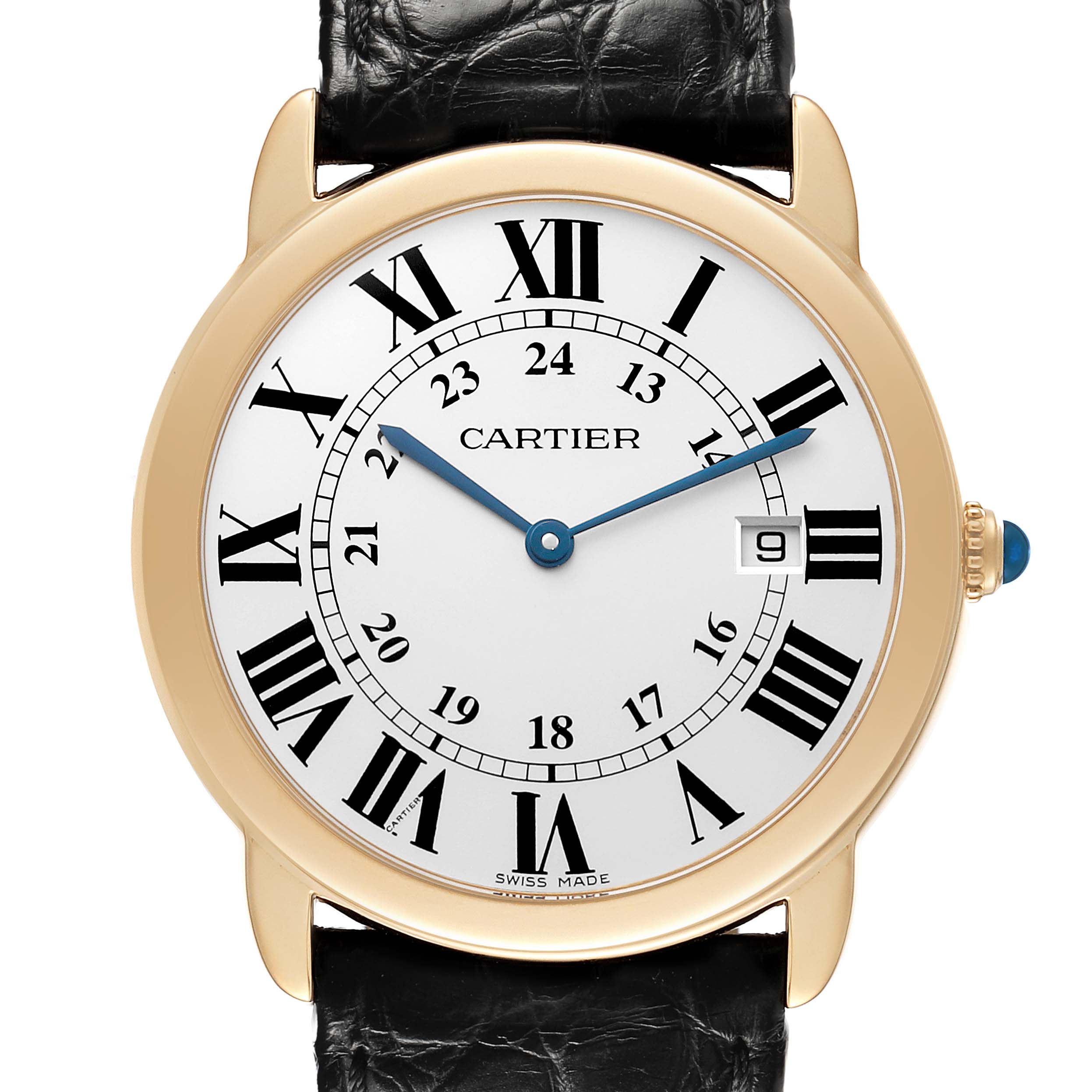 The Cartier Ronde W6700455 Men's Yellow Gold Silver Dial watch is shown from the front, highlighting its Roman numerals, gold bezel, black leather strap, and sapphire cabochon crown.