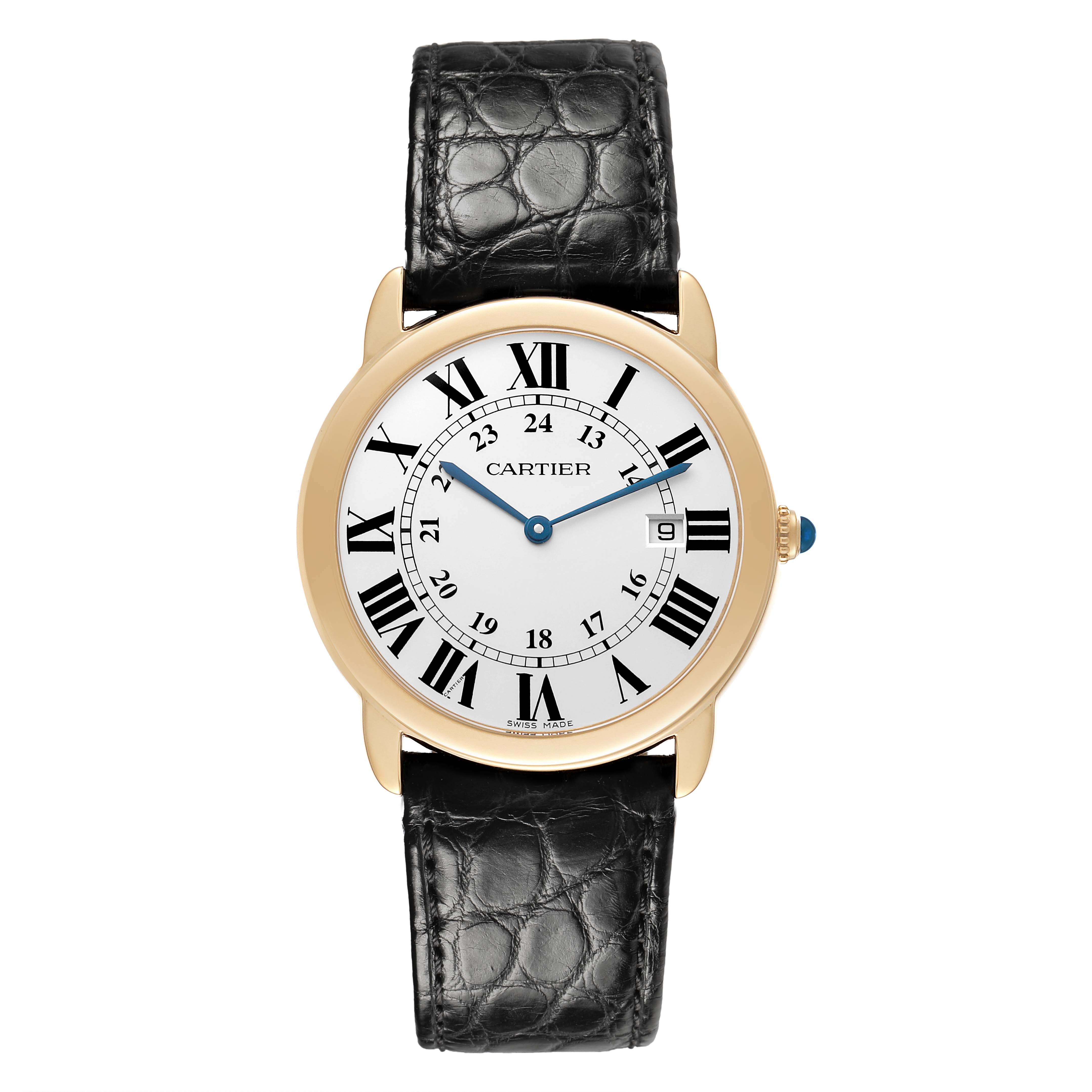 The Cartier Ronde W6700455 Men's Yellow Gold Silver Dial watch is shown from a top view, displaying its round face, Roman numerals, and black leather strap.