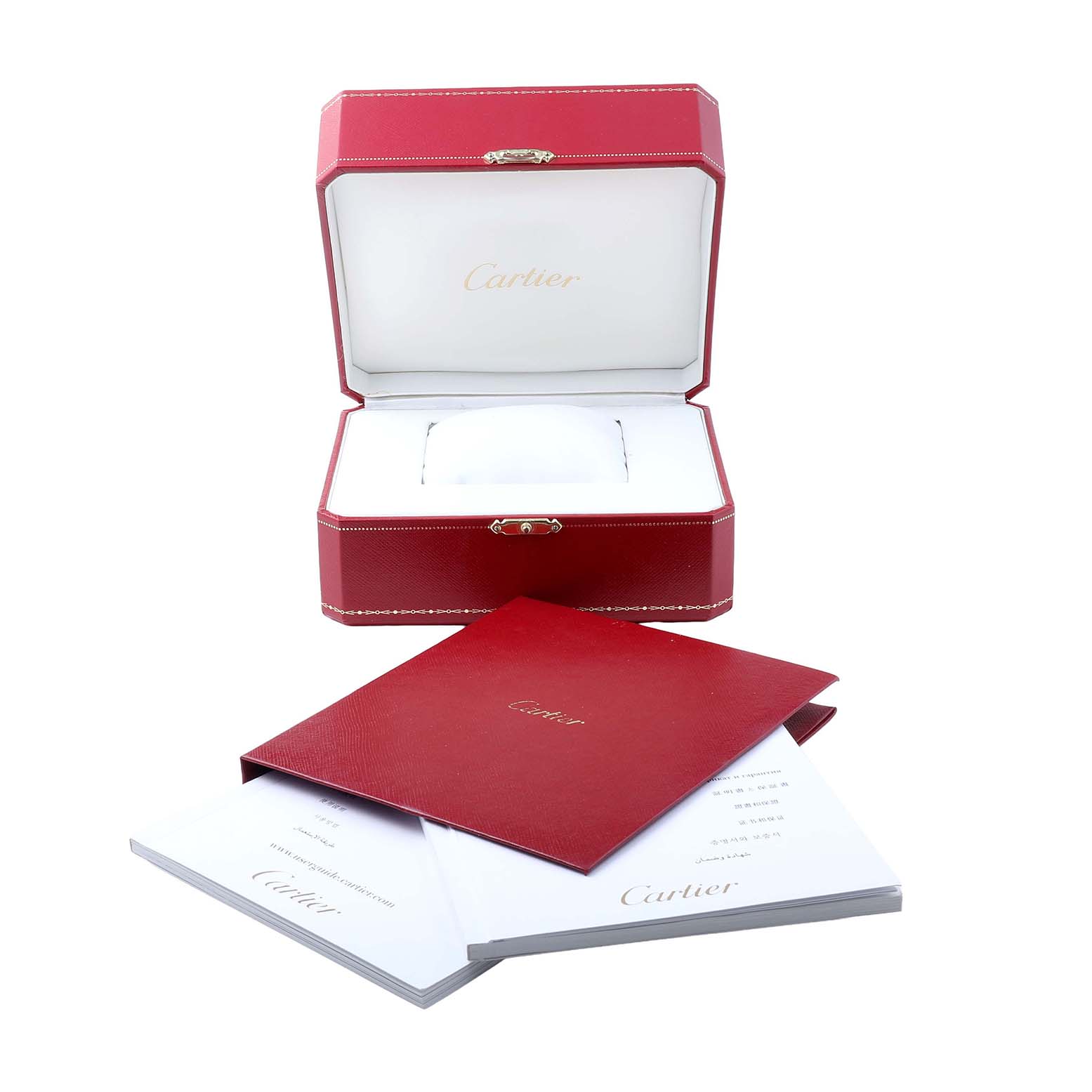 The image shows a Cartier Ronde W6700455 Men's Yellow Gold Silver Dial watch box and accompanying booklets, viewed from the front.