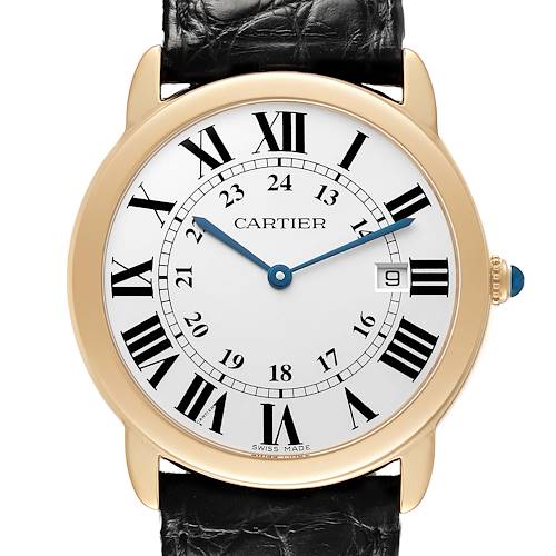 The Cartier Ronde W6700455 Men's Yellow Gold Silver Dial watch is shown from the front, highlighting the dial, Roman numerals, date window, and blue hands.