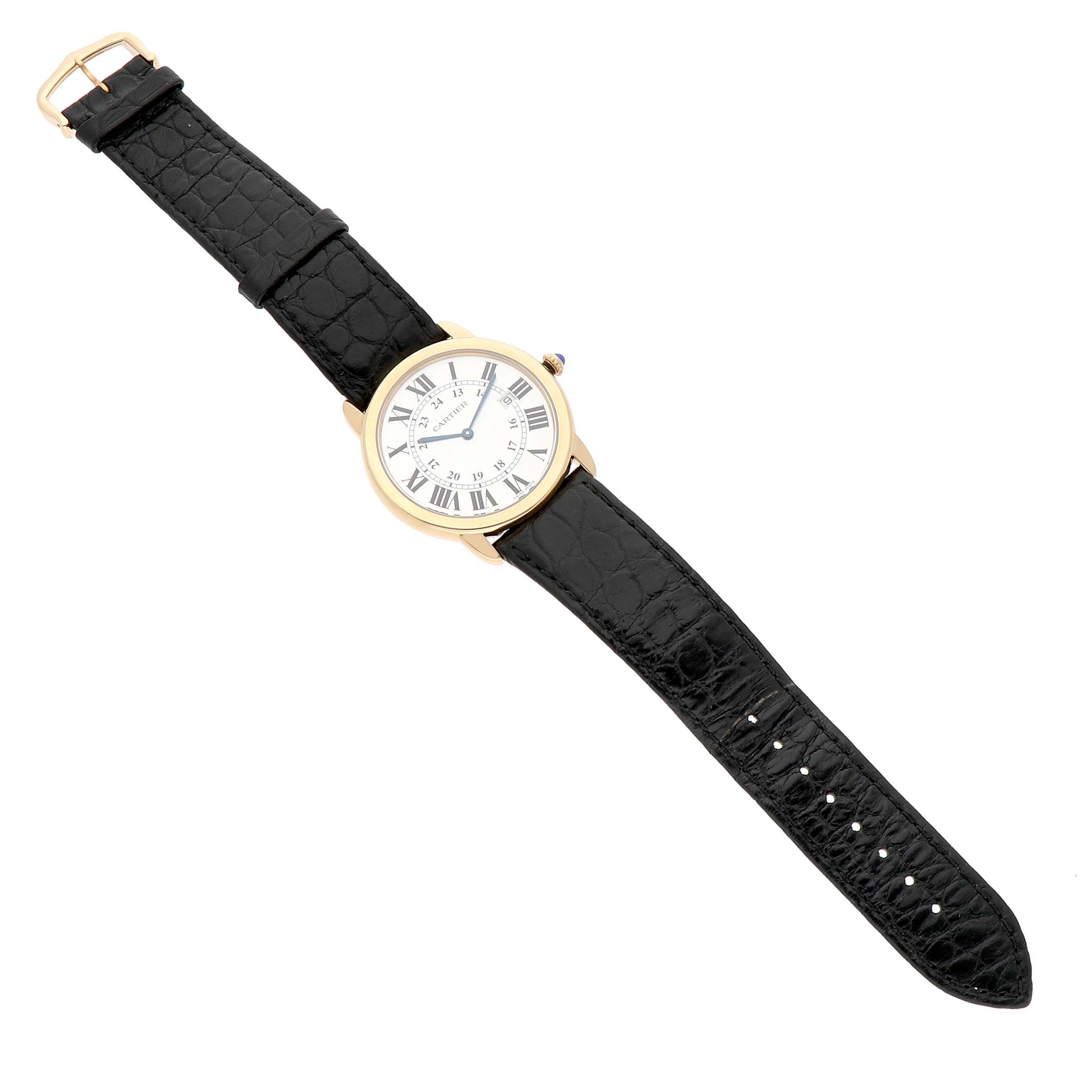 The Cartier Ronde W6700455 Men's Yellow Gold Silver Dial watch is shown from a top-down angle, displaying its round face and black leather strap.
