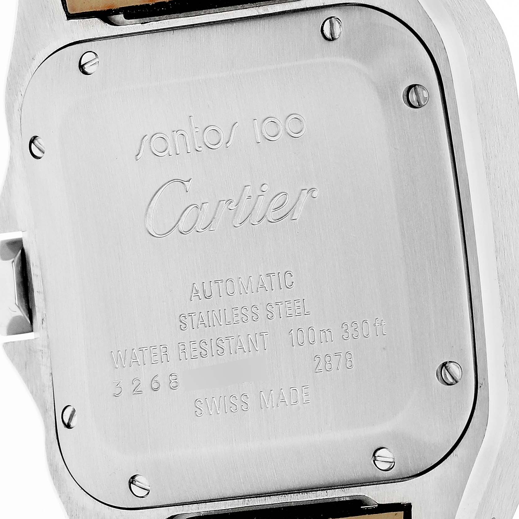 The image shows the back of a Cartier Santos W20107X7 Men's Stainless Steel Silver Dial watch, featuring engraved details and screws at each corner.