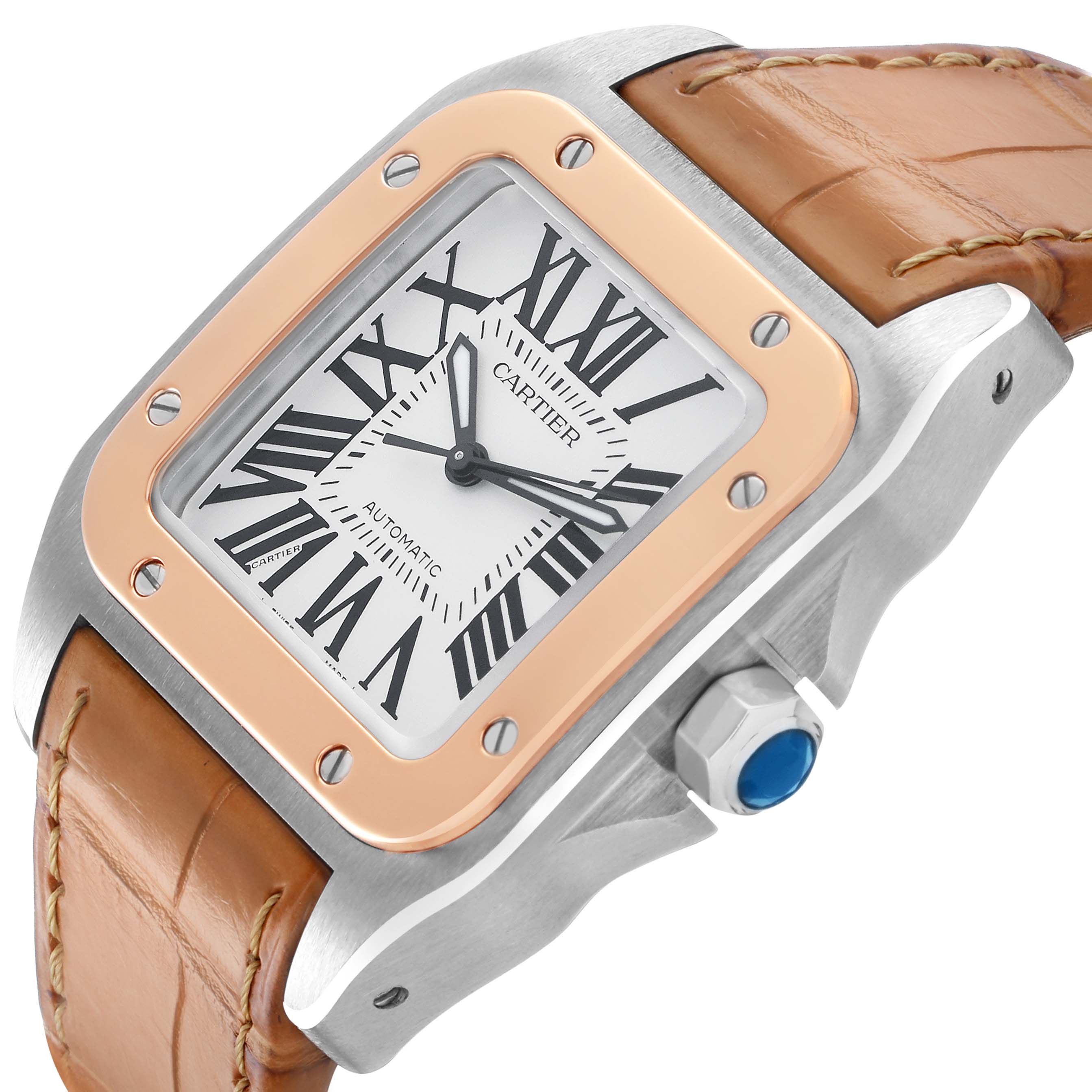 The Cartier Santos W20107X7 Men's Stainless Steel Silver Dial watch is shown at an angle displaying the face, bezel, crown, and leather strap.