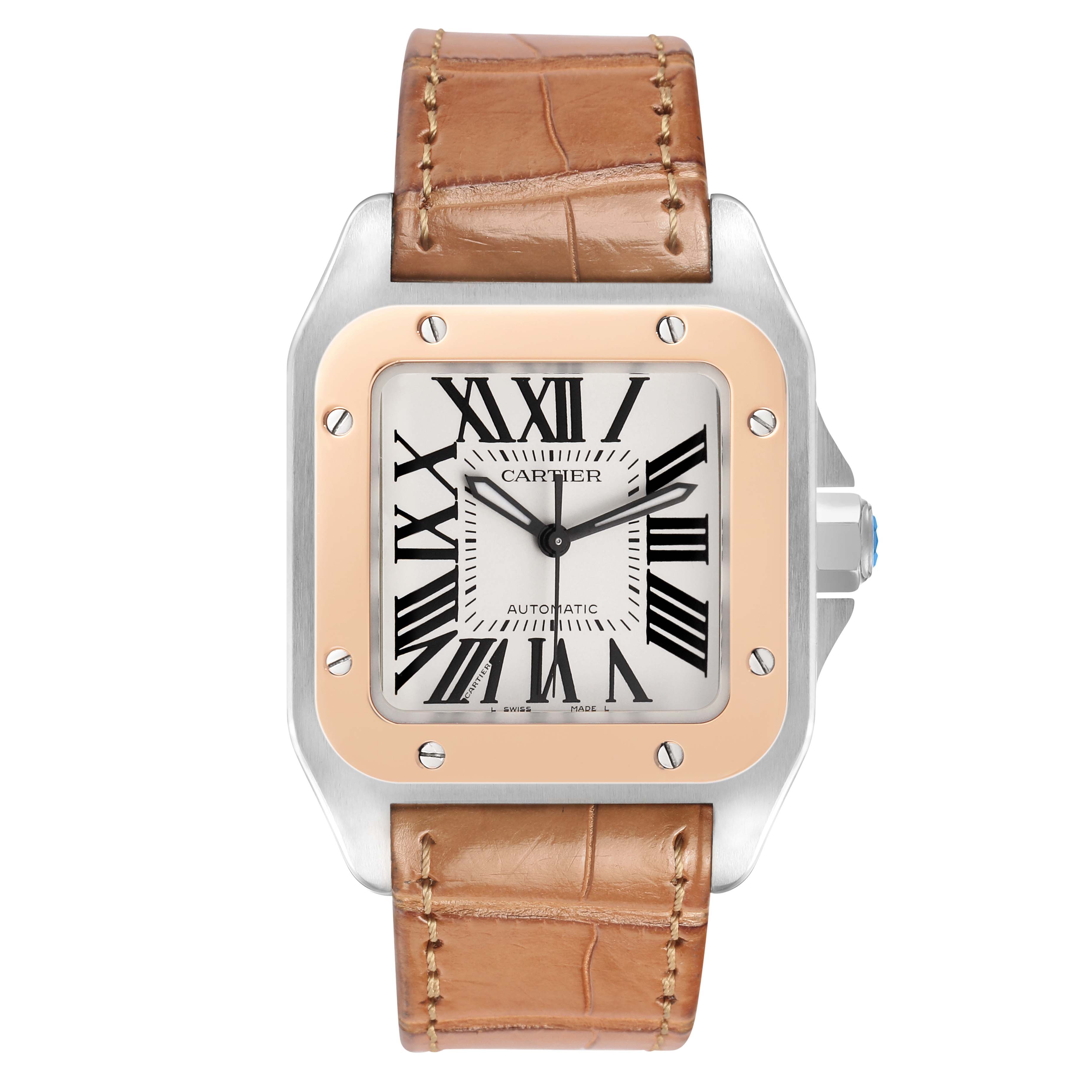 The Cartier Santos W20107X7 Men's Stainless Steel Silver Dial watch is shown from the front, highlighting the square face, Roman numerals, and brown leather strap.