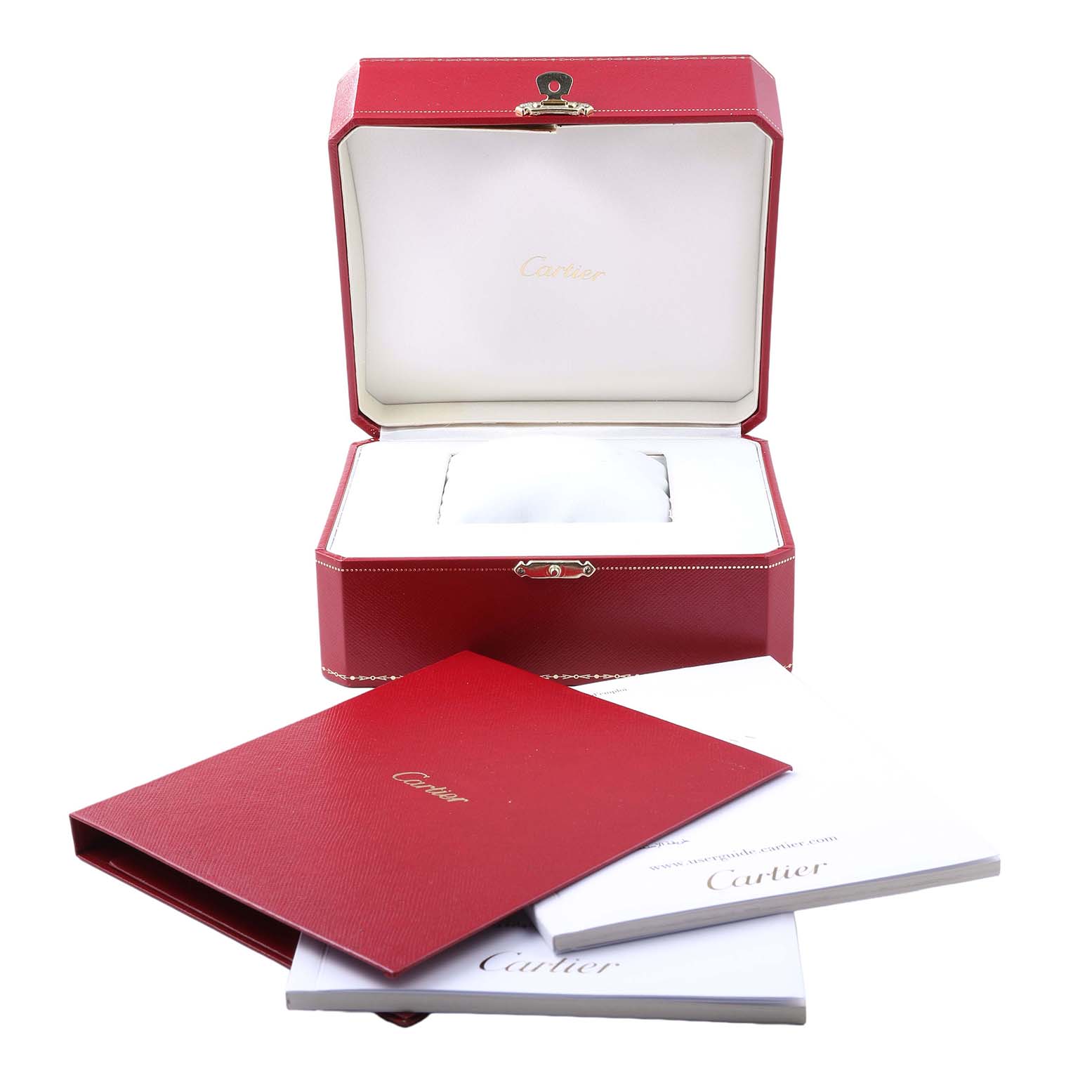 The image shows a Cartier Santos W20107X7 Men's Stainless Steel Silver Dial watch box open with accompanying red and white booklets.