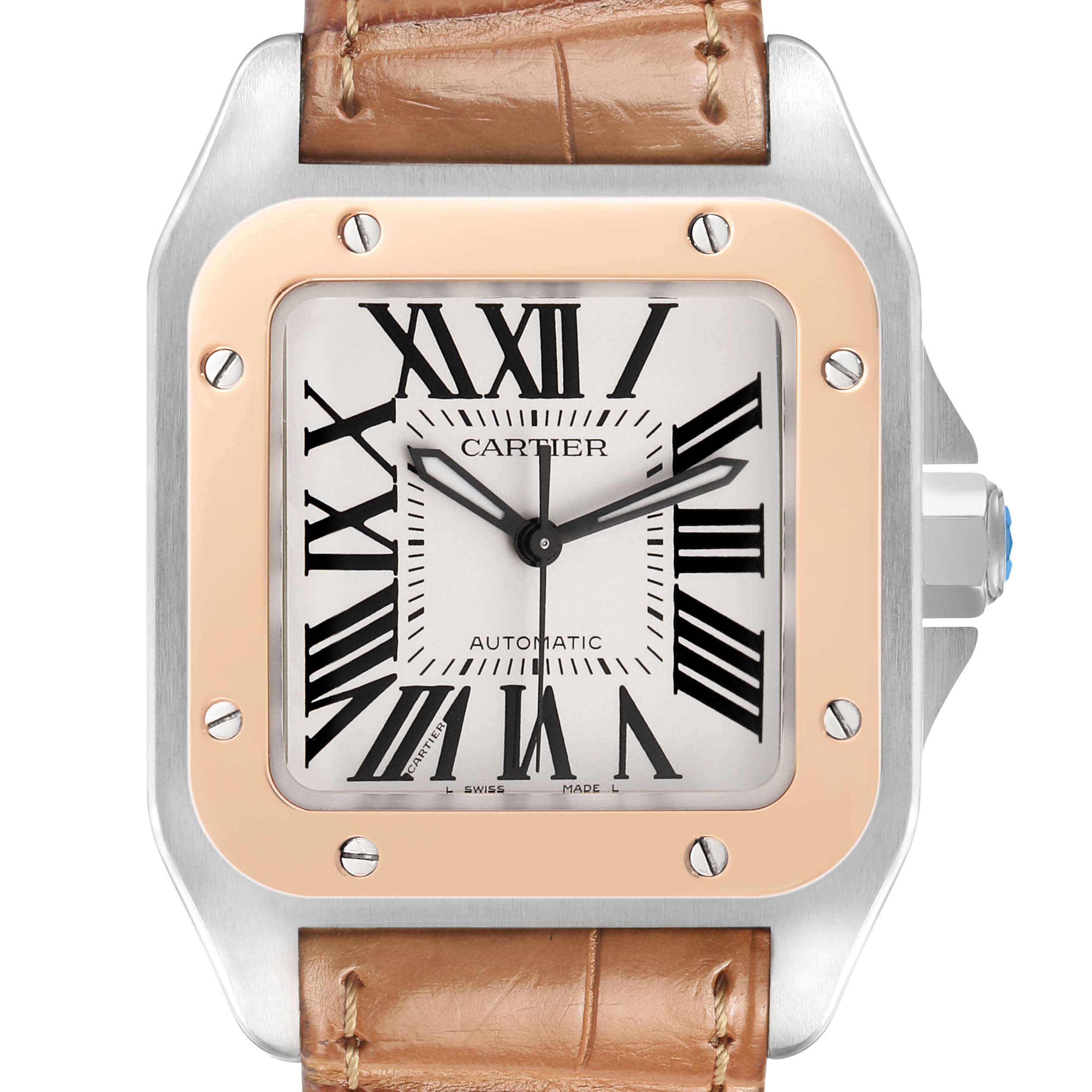 The image shows a front view of the Cartier Santos W20107X7 Men's Stainless Steel Silver Dial watch, highlighting its dial, bezel, and part of the leather strap.