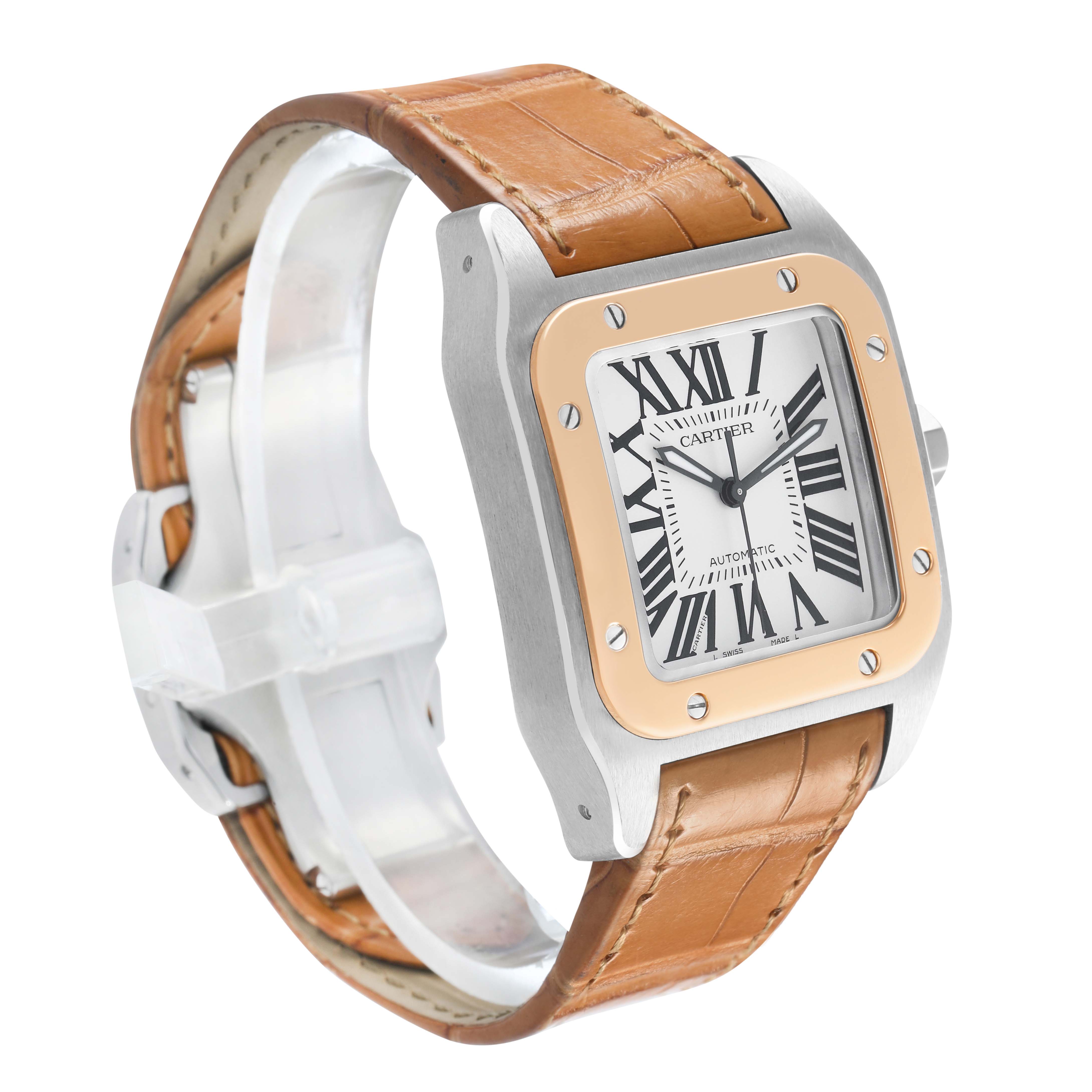 The Cartier Santos W20107X7 Men's Stainless Steel Silver Dial watch is shown from a three-quarter angle, highlighting its square face, Roman numerals, and leather strap.
