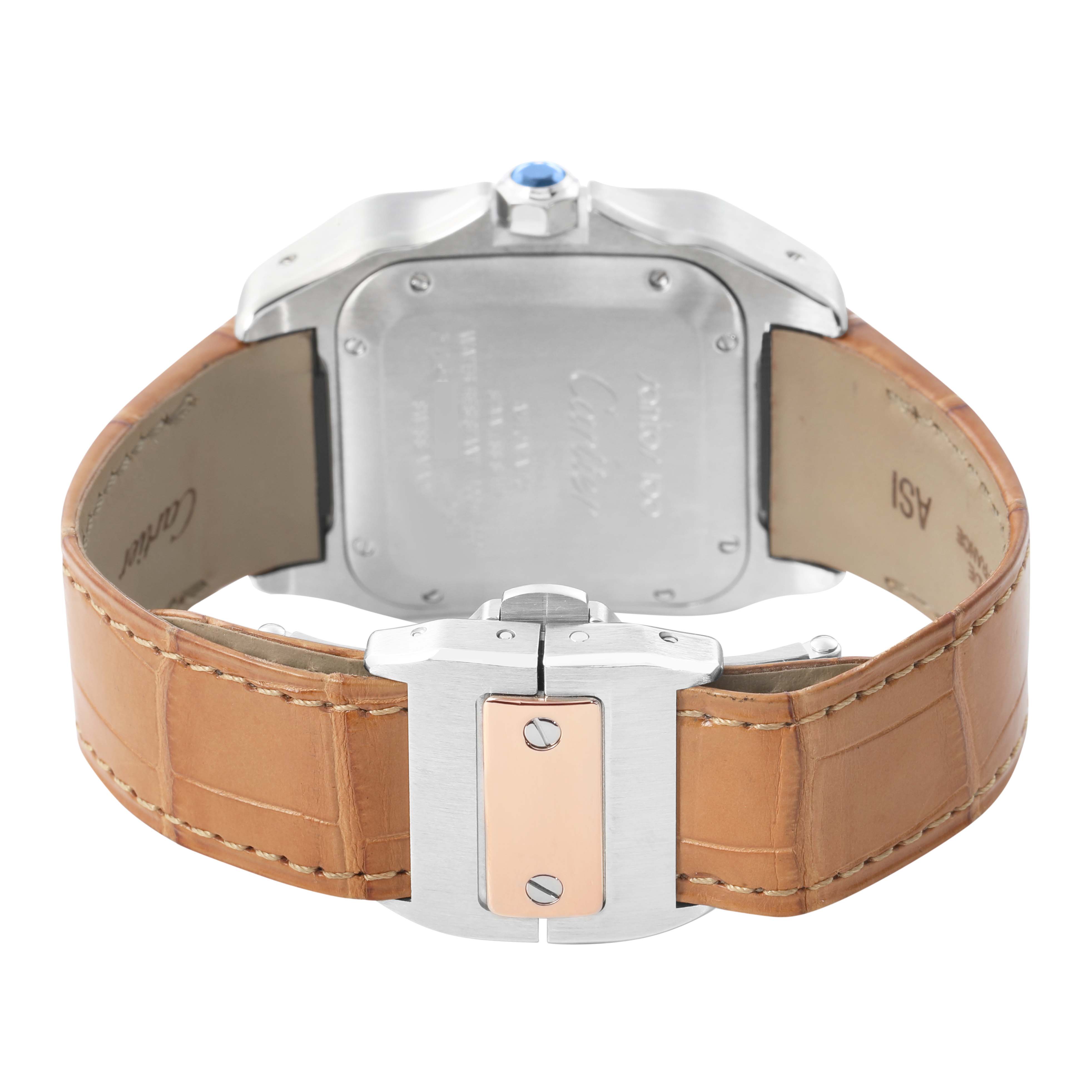 The image shows the back of a Cartier Santos W20107X7 Men's Stainless Steel Silver Dial watch, highlighting the leather strap and metal clasp.