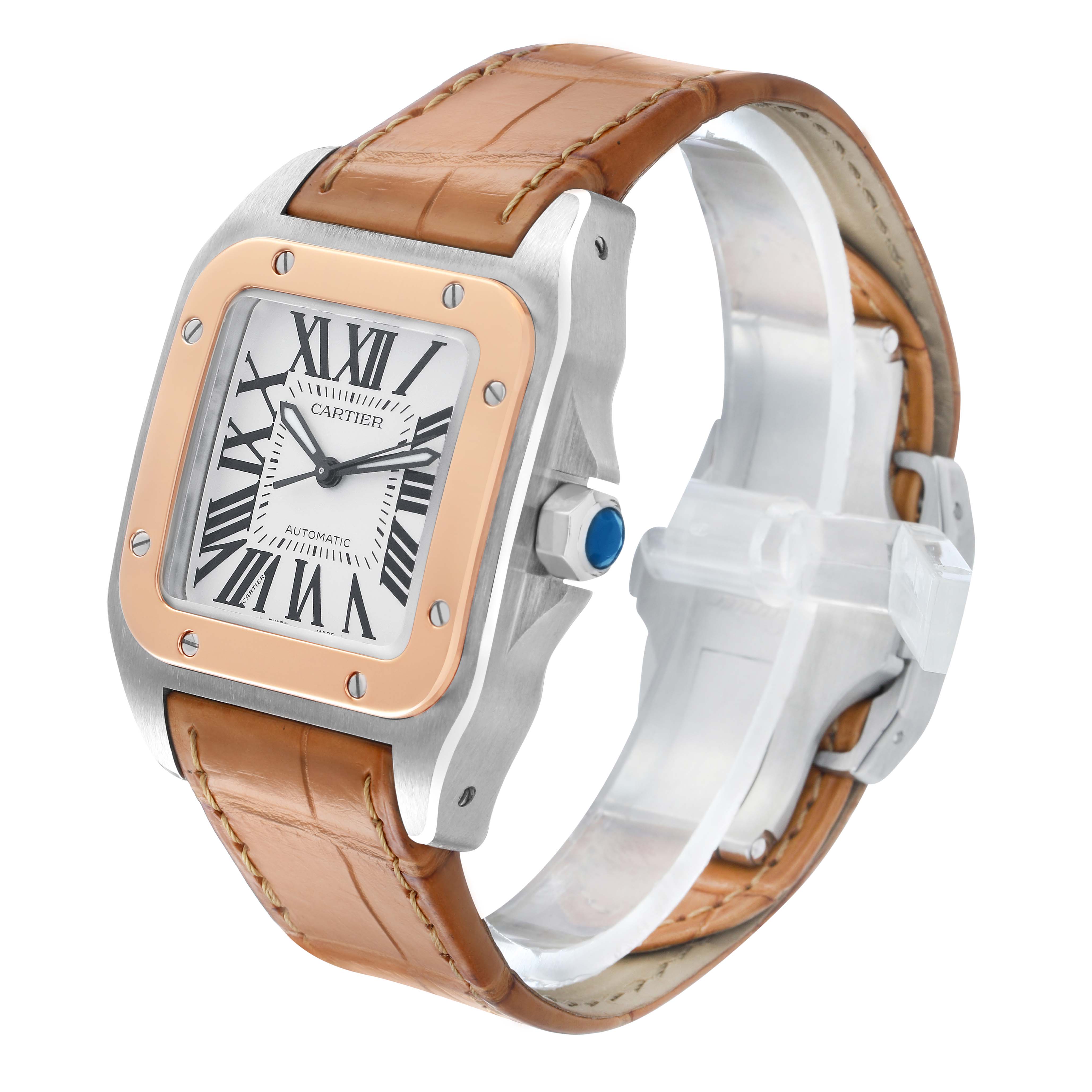 The Cartier Santos W20107X7 Men's Stainless Steel Silver Dial watch is shown at a three-quarter angle, highlighting its face, bezel, and leather strap.