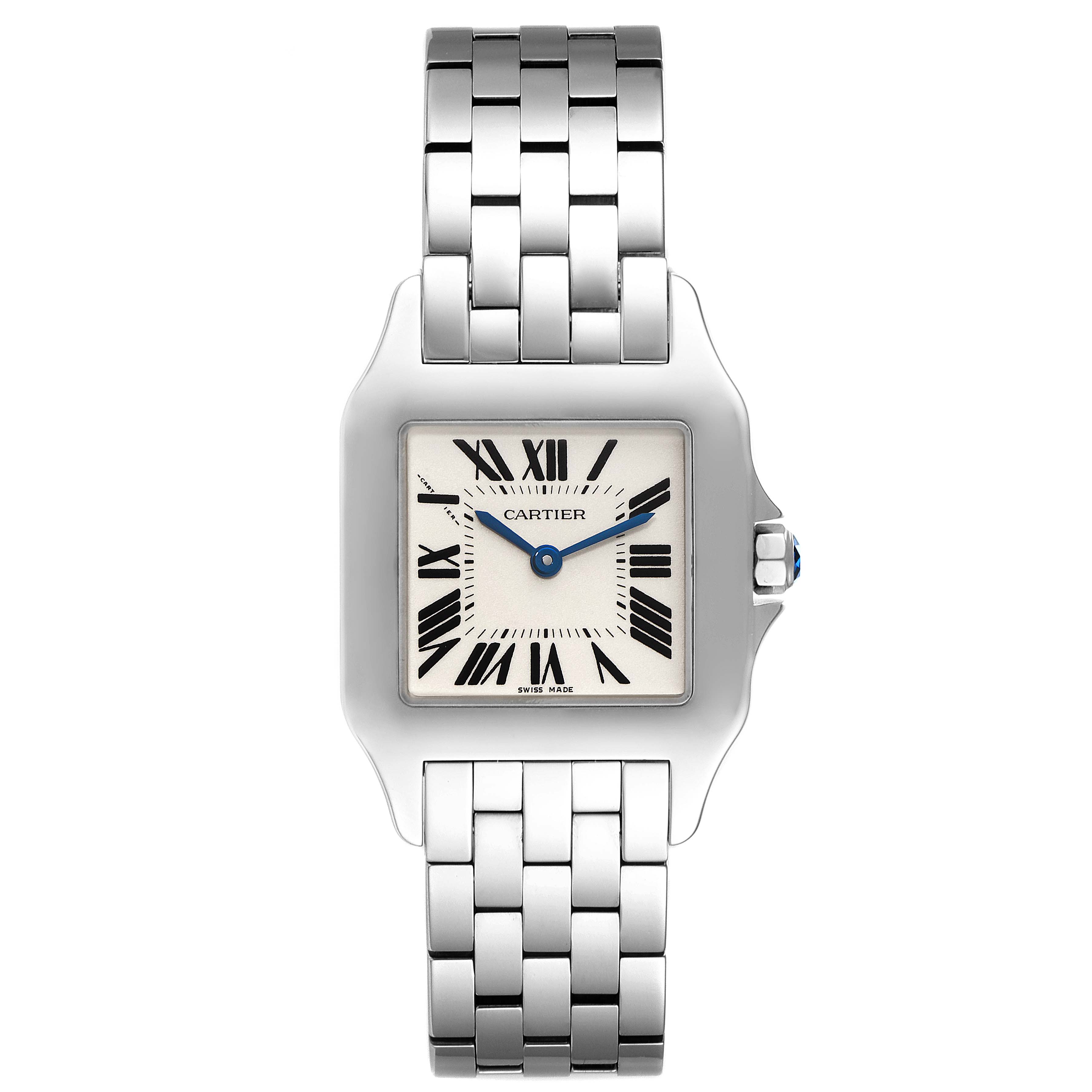 The image shows a front view of the Cartier Santos Demoiselle W25065Z5 Women's Stainless Steel Silver Dial W25065Z5 Women's Stainless Steel Silver Dial watch, highlighting its dial, bracelet, and crown.