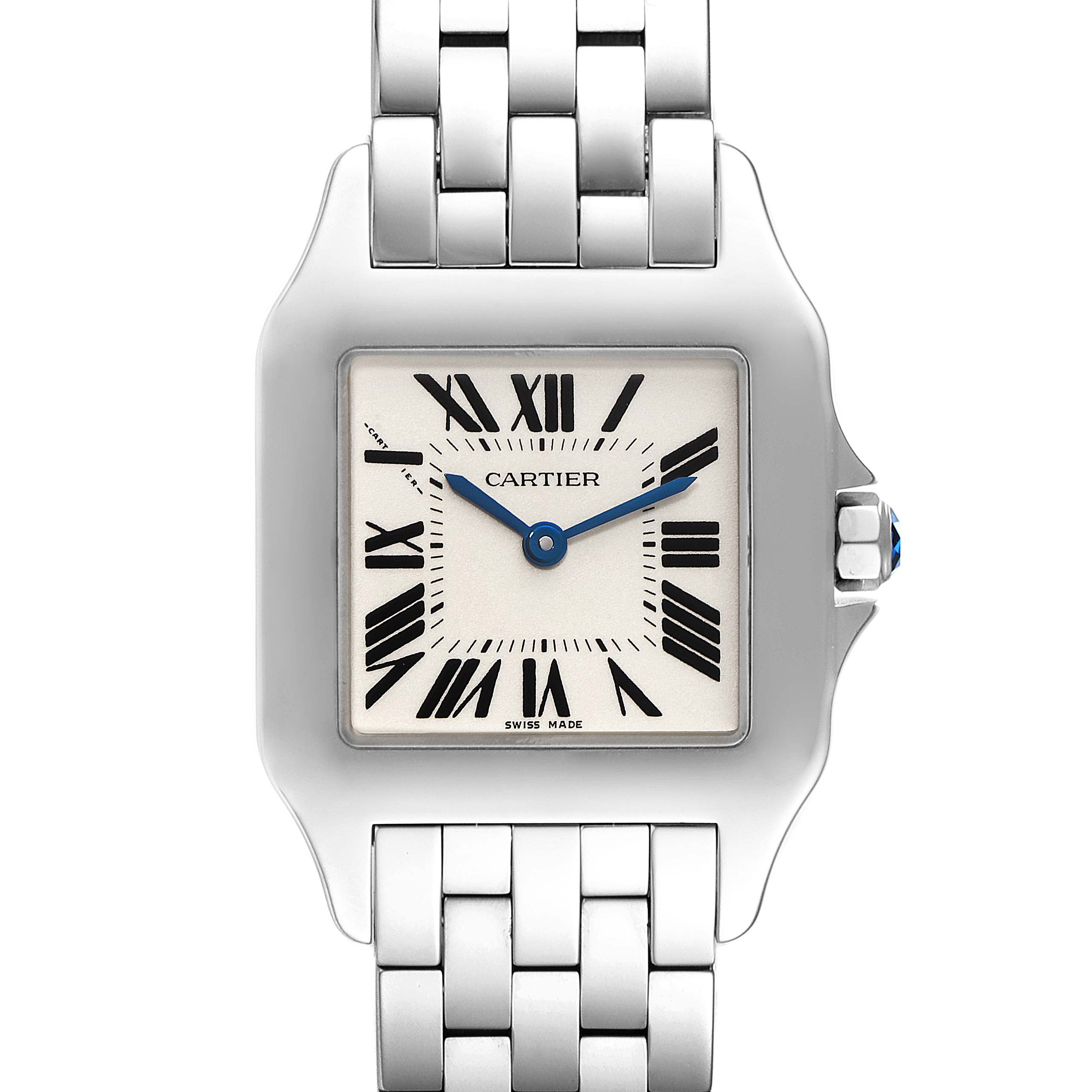 The image shows the Cartier Santos Demoiselle W25065Z5 Women's Stainless Steel Silver Dial W25065Z5 Women's Stainless Steel Silver Dial watch from a front angle, highlighting the face, bezel, and part of the bracelet.