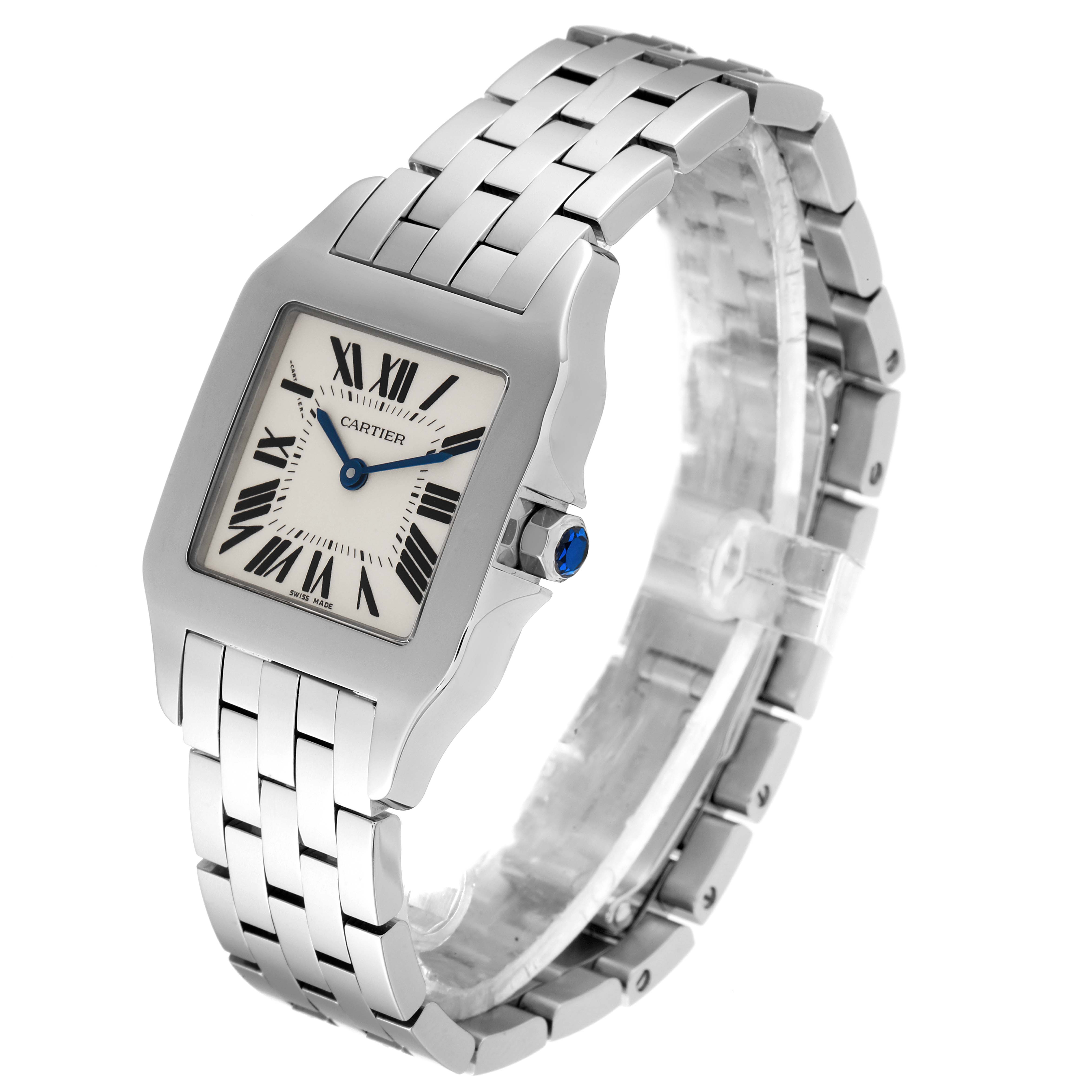 The Cartier Santos Demoiselle W25065Z5 Women's Stainless Steel Silver Dial W25065Z5 Women's Stainless Steel Silver Dial watch is shown at a three-quarter angle, highlighting its rectangular face, bracelet, and blue gemstone crown.