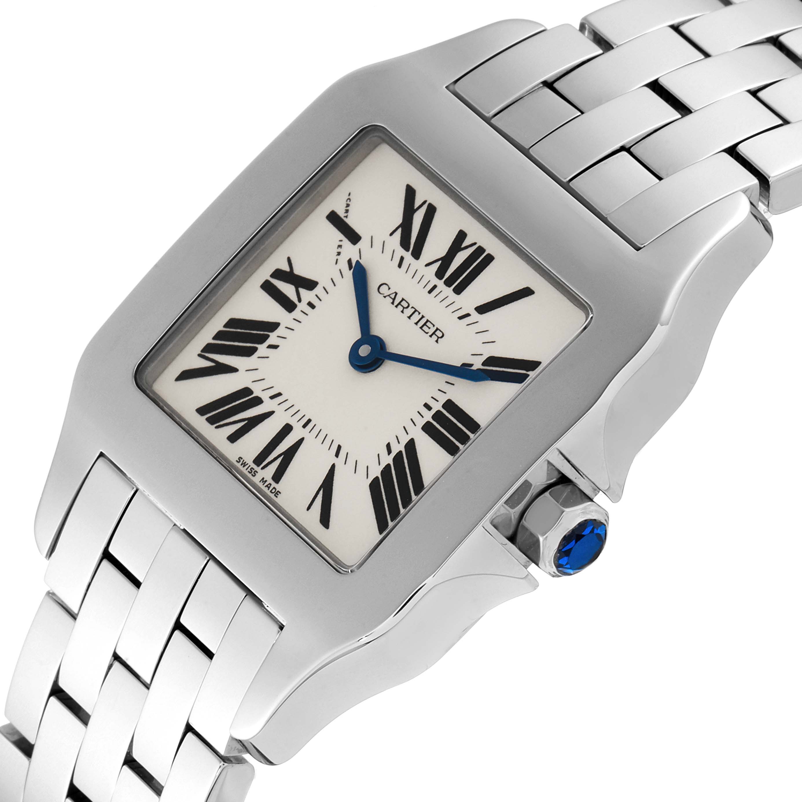 The Cartier Santos Demoiselle W25065Z5 Women's Stainless Steel Silver Dial W25065Z5 Women's Stainless Steel Silver Dial watch is shown from a high-angle, displaying the face, rectangular case, and part of the metal bracelet.