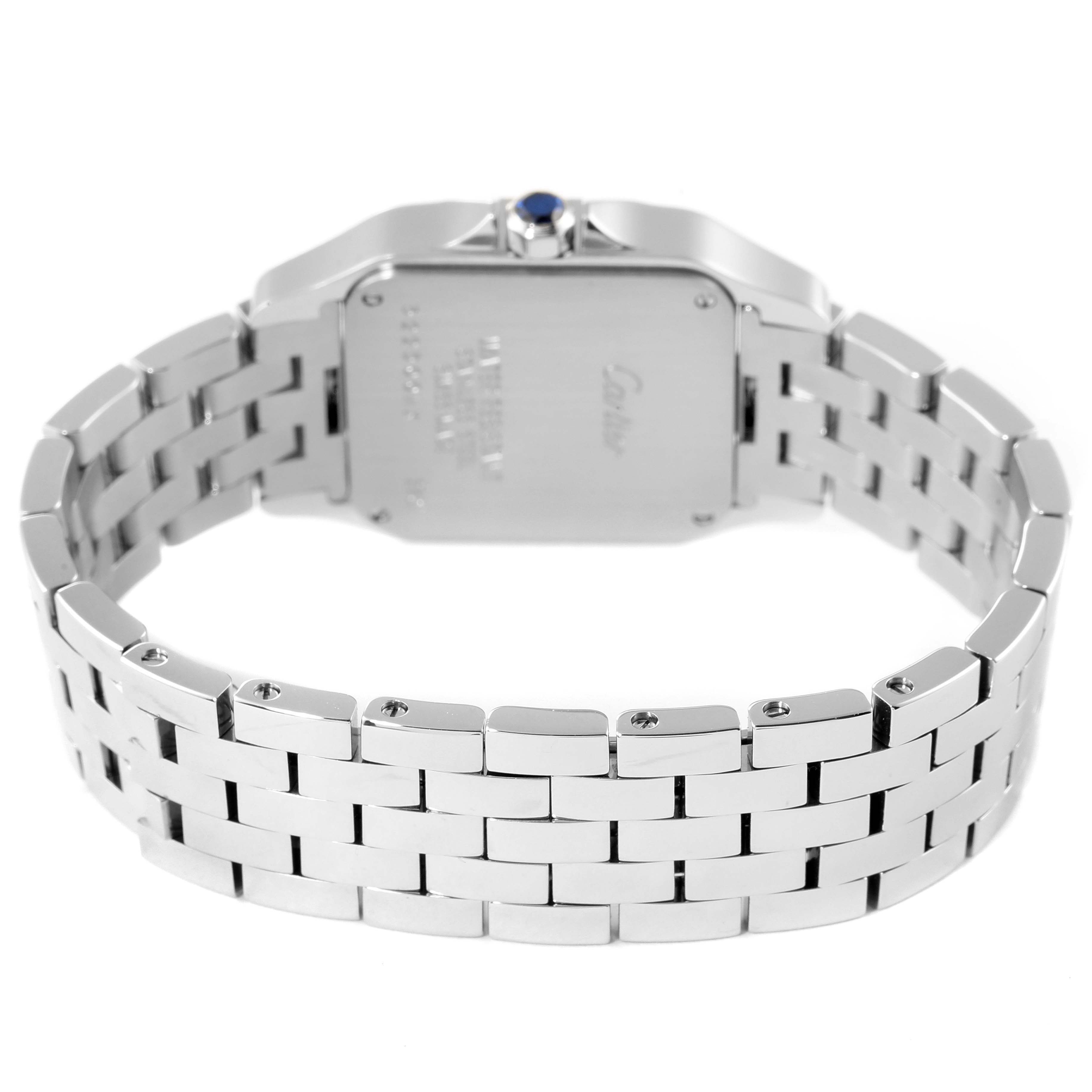 The image shows the back and bracelet of the Cartier Santos Demoiselle W25065Z5 Women's Stainless Steel Silver Dial W25065Z5 Women's Stainless Steel Silver Dial watch from a rear angle.