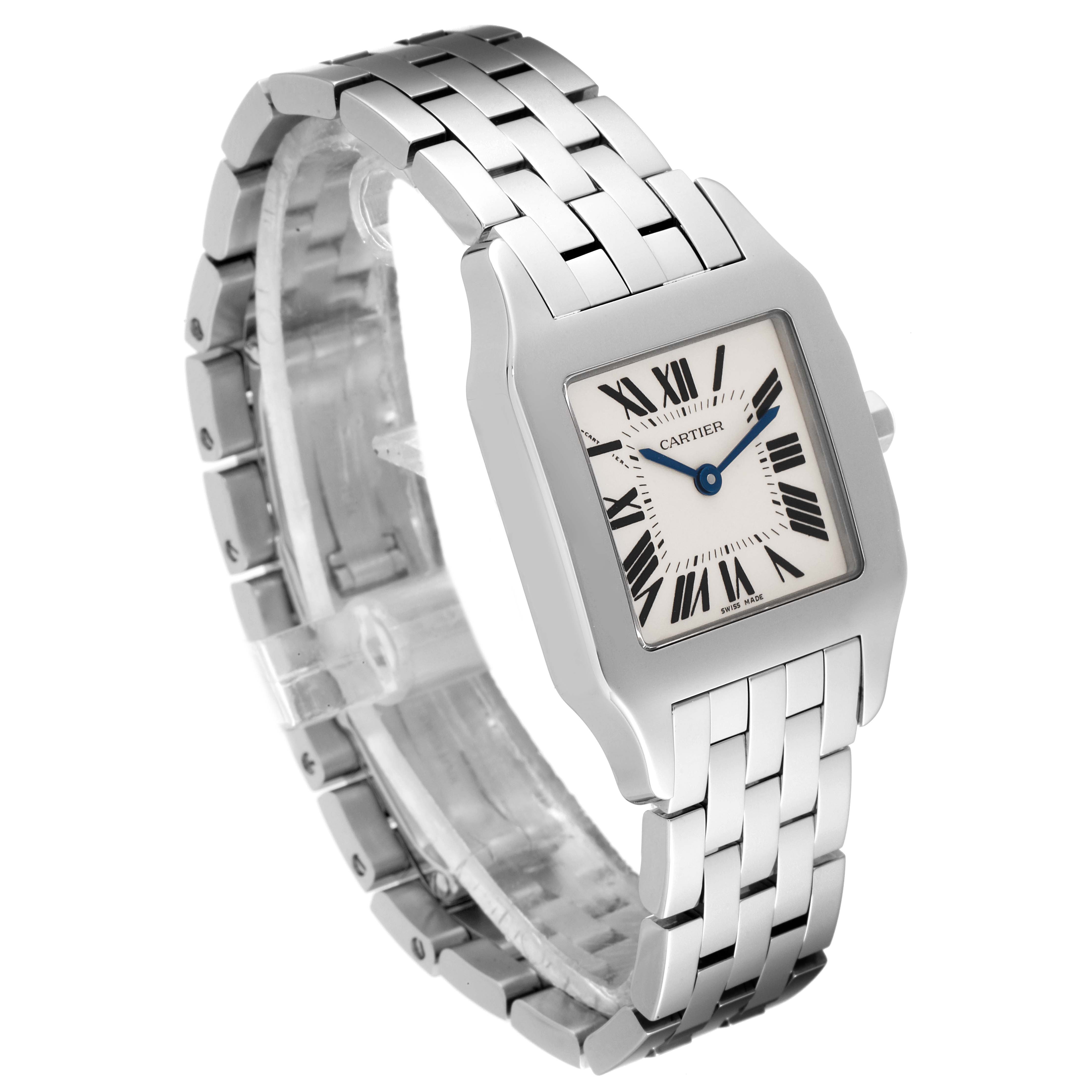 The image shows a Santos Demoiselle watch by Cartier from a front-side angle, highlighting the face and bracelet.
