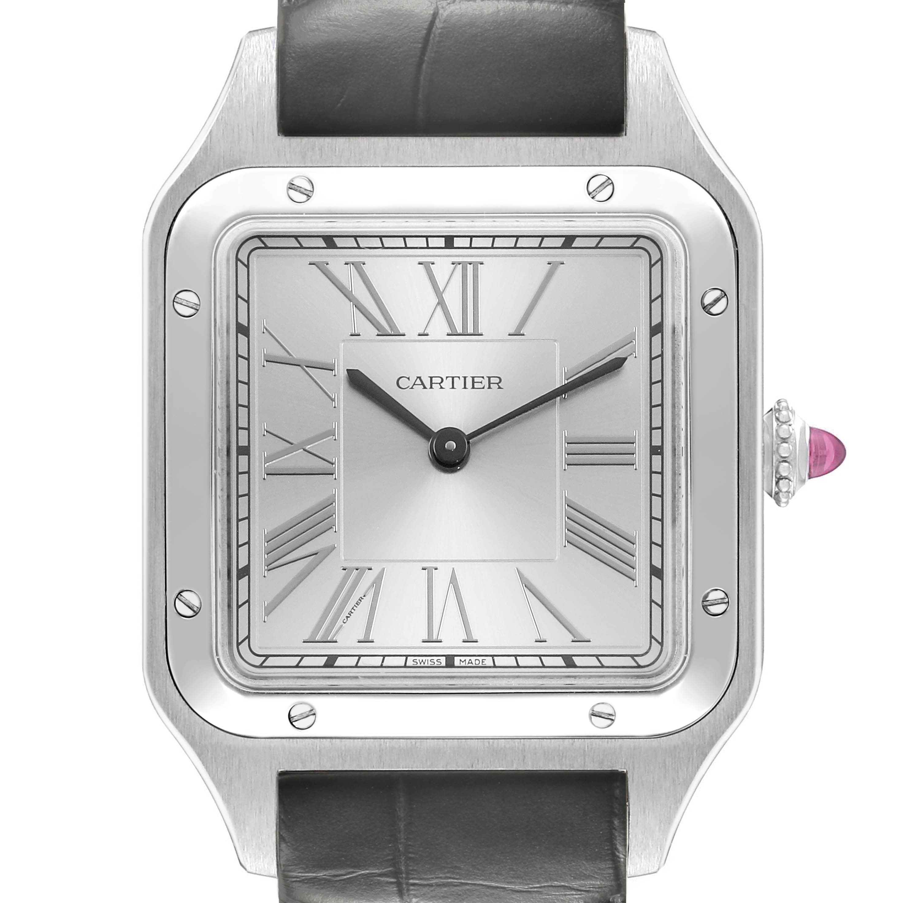 The Cartier Santos Dumont WGSA0034 Men's Platinum Silver Dial watch is shown from the front, highlighting its square face, Roman numerals, and cabochon crown.