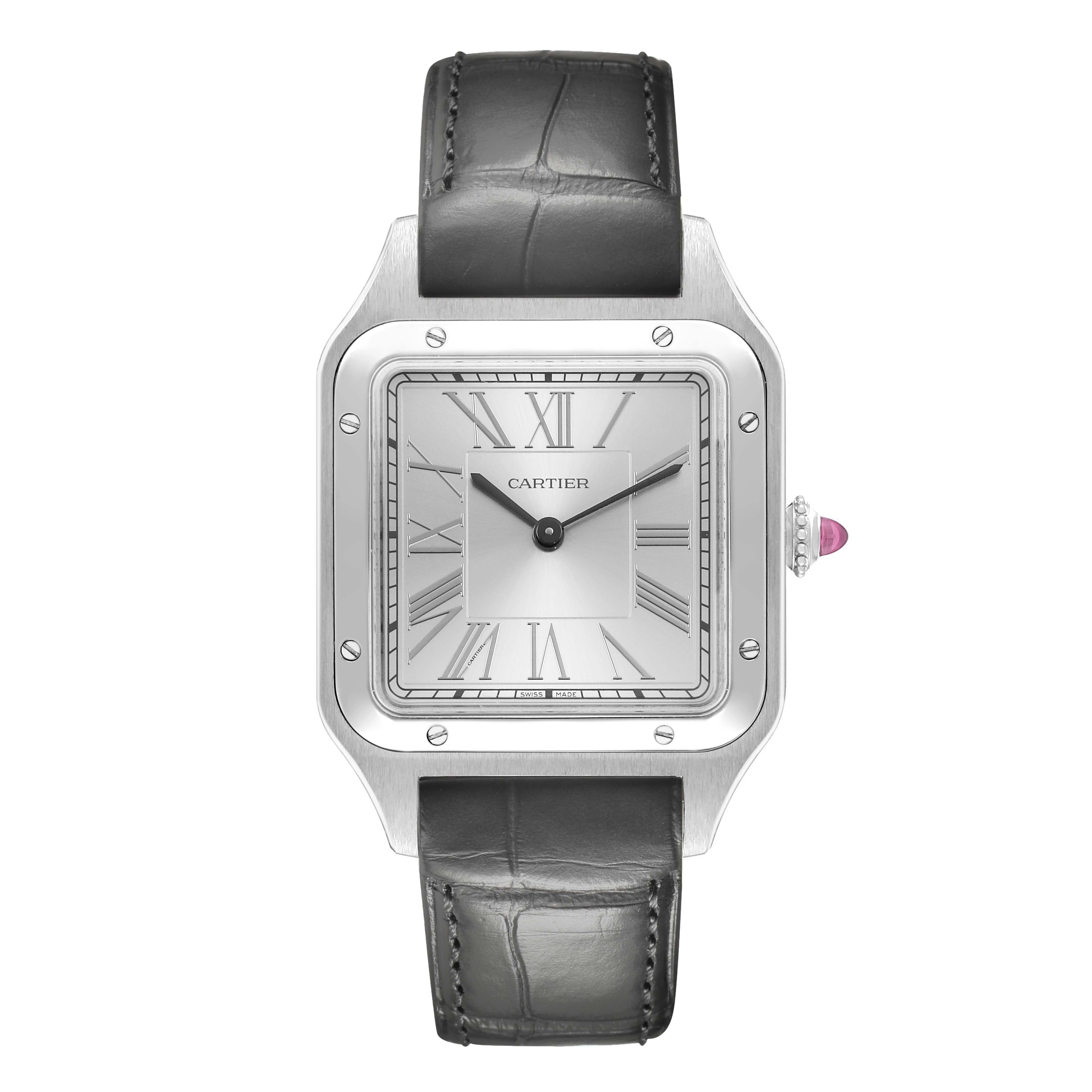 The image shows a front view of the Cartier Santos Dumont WGSA0034 Men's Platinum Silver Dial watch, displaying its face, case, and strap.