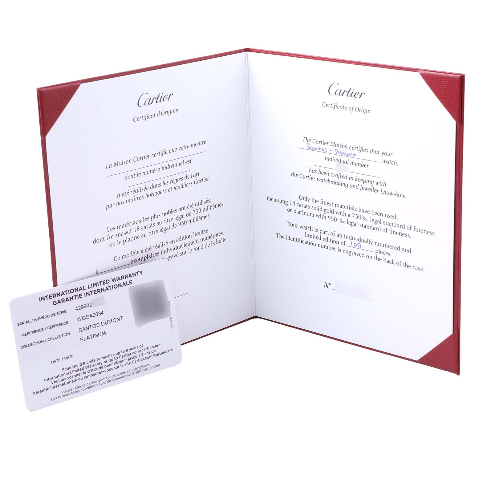 The image shows the Cartier Santos Dumont WGSA0034 Men's Platinum Silver Dial Certificate of Origin and an international warranty card placed at an angle.