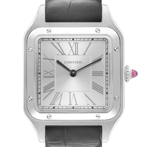 The image shows a frontal view of the Cartier Santos Dumont WGSA0034 Men's Platinum Silver Dial watch, highlighting its dial, Roman numerals, bezel, and crown.