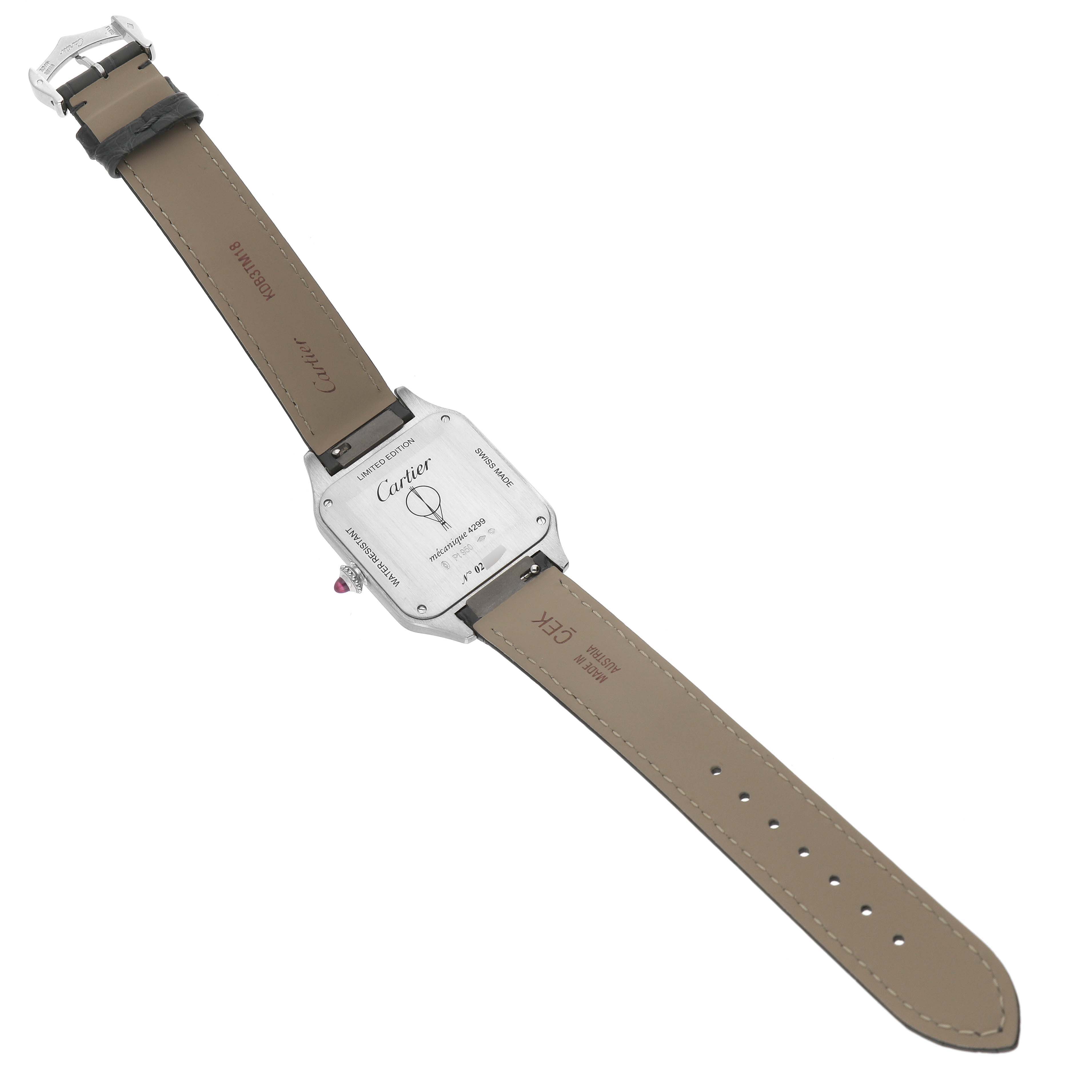 The Cartier Santos Dumont WGSA0034 Men's Platinum Silver Dial watch is shown from the back, displaying the case back and full leather strap.