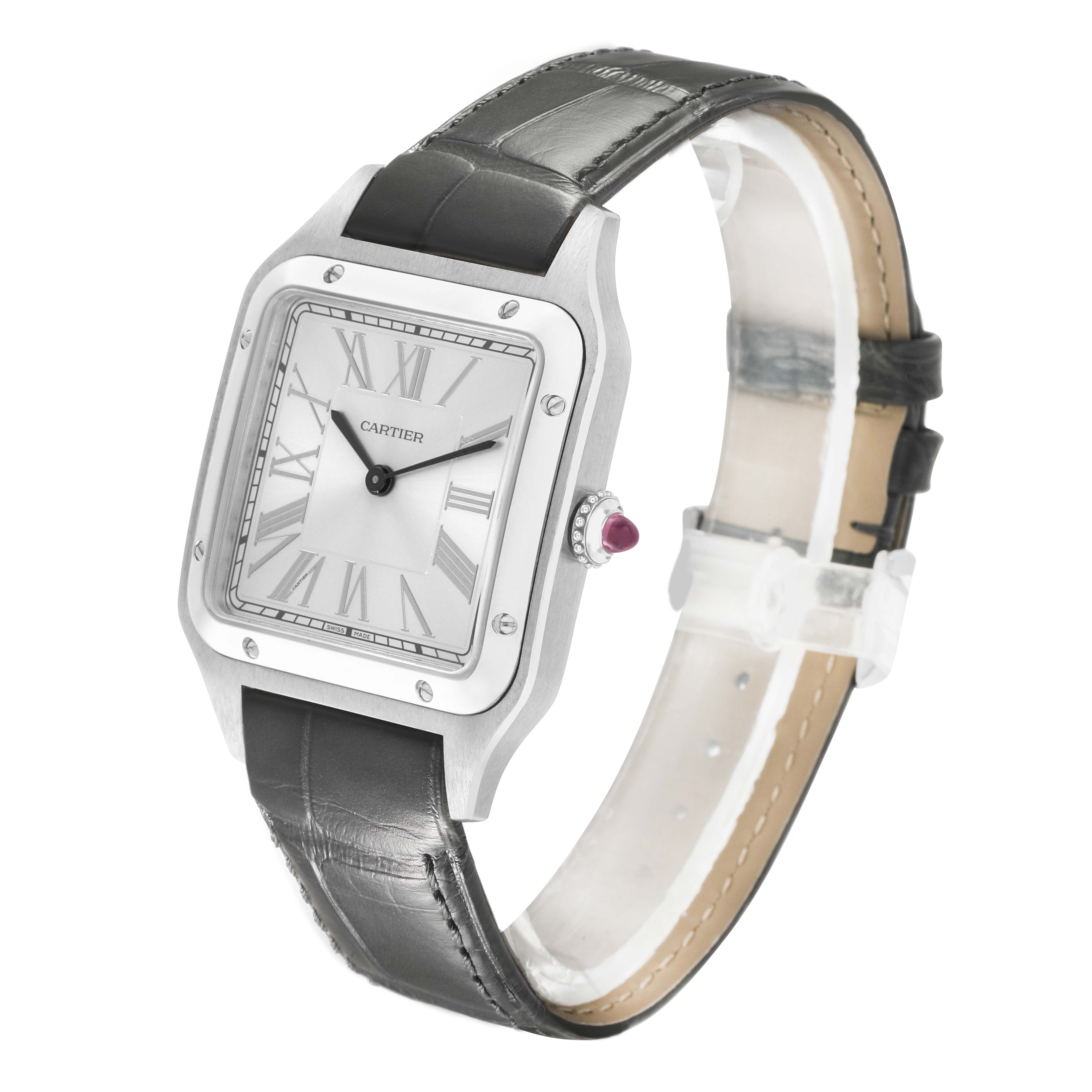 The Cartier Santos Dumont WGSA0034 Men's Platinum Silver Dial watch is shown from a 3/4 angle, highlighting its face, case, and leather strap.