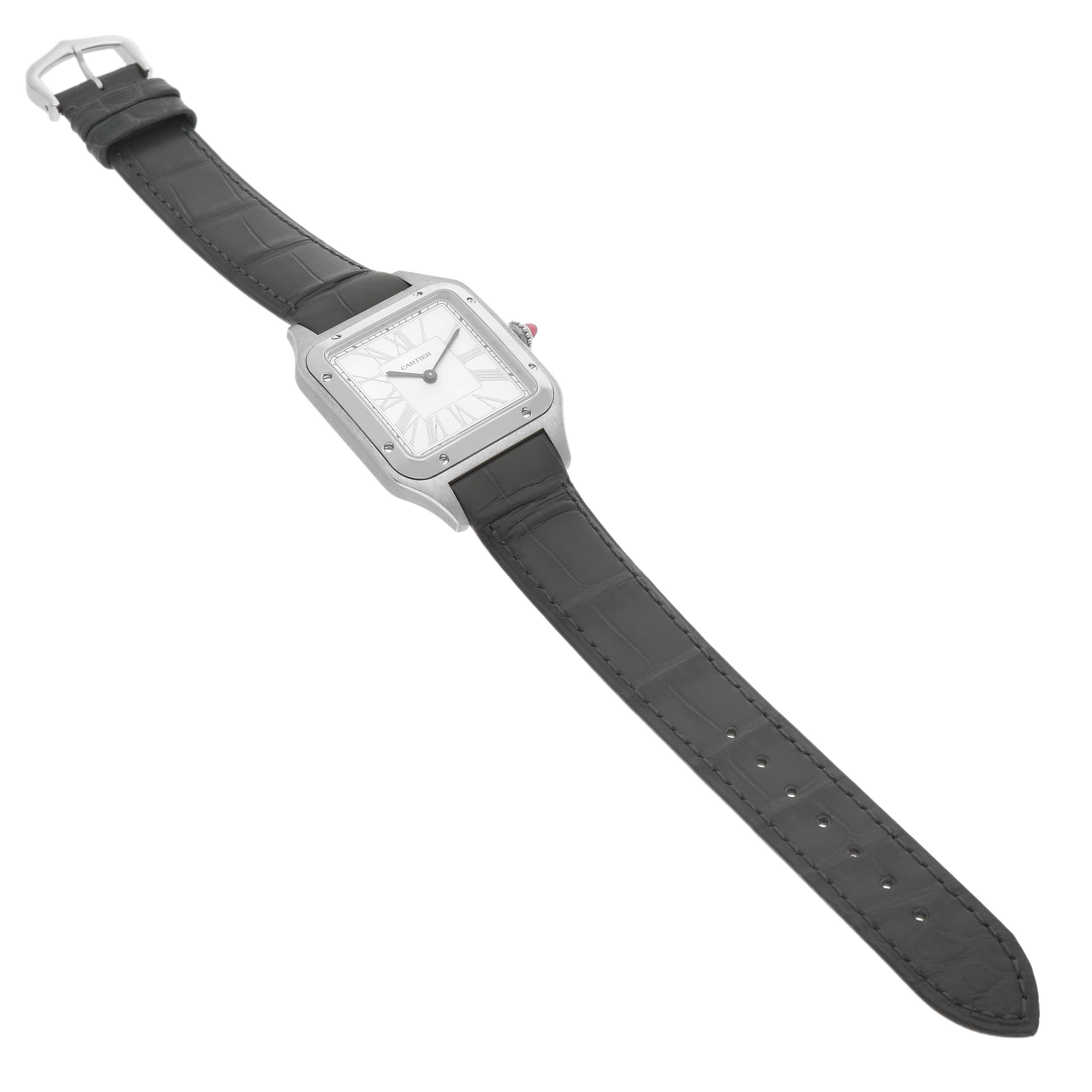 The Cartier Santos Dumont WGSA0034 Men's Platinum Silver Dial watch is shown at a slight angle, displaying the face, case, and full leather strap.