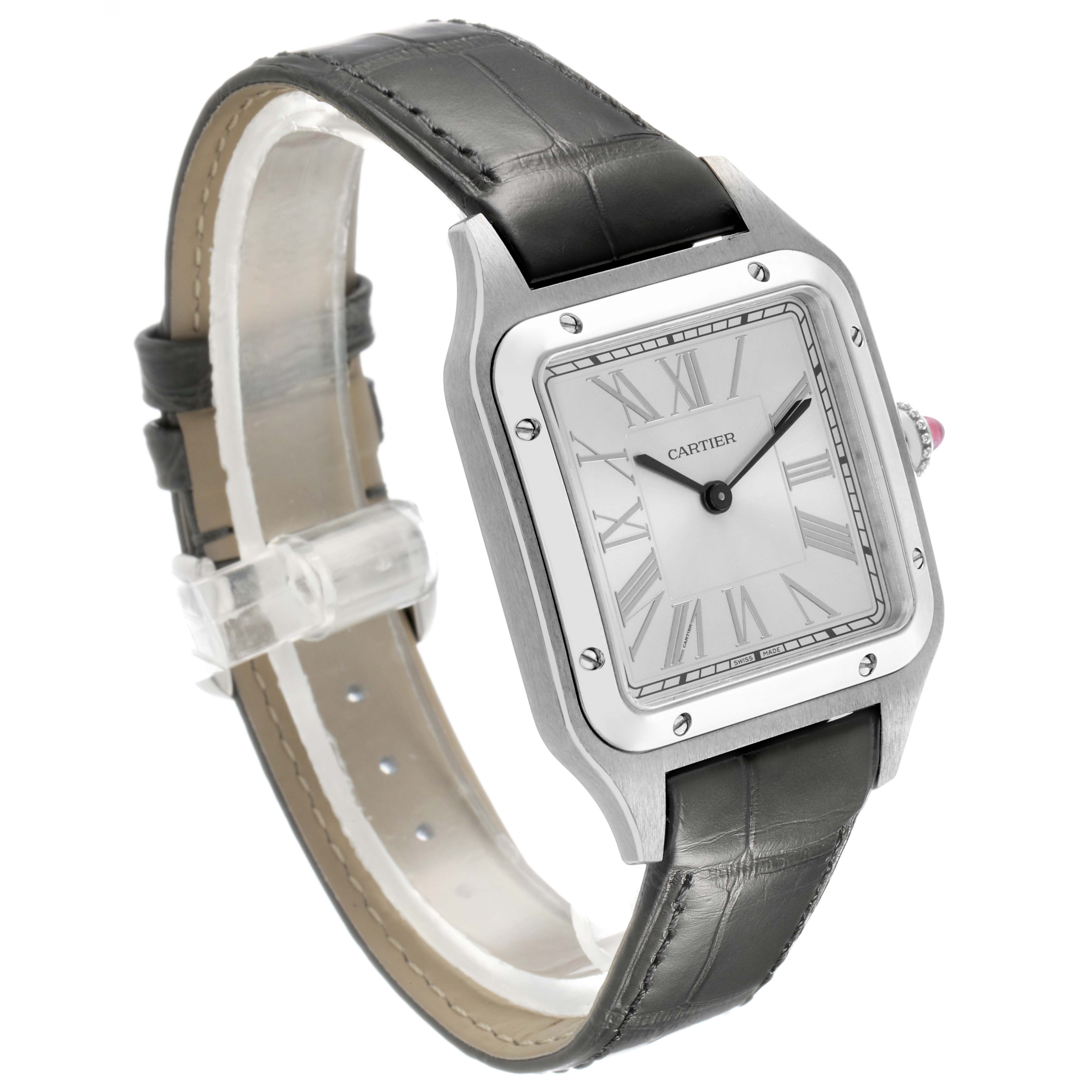 The Cartier Santos Dumont WGSA0034 Men's Platinum Silver Dial watch is shown at a slight angle, displaying its face, case, and leather strap.