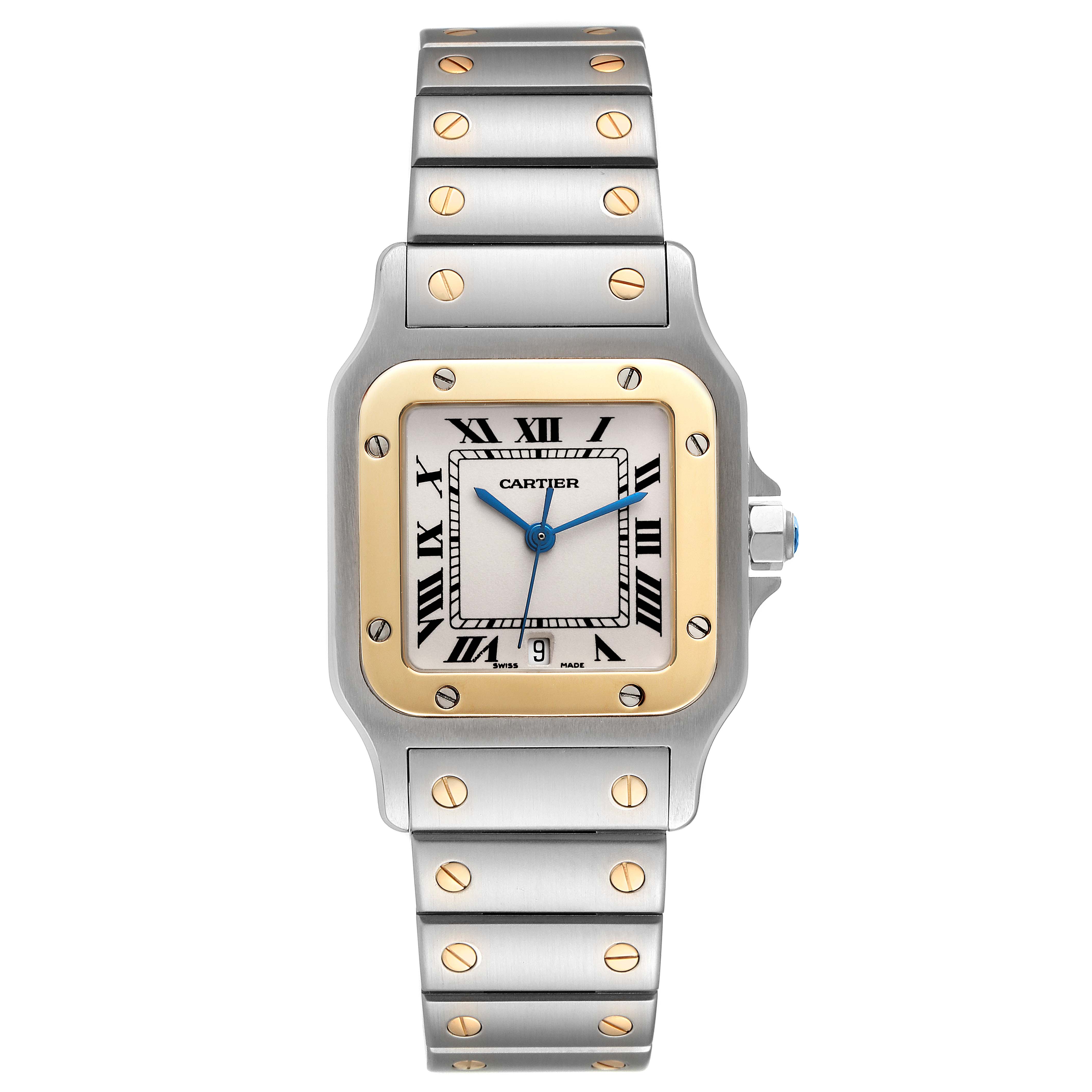 The Cartier Santos W20011C4 Men
s Steel and Gold (two tone) Silver Dial W20011C4 Men
s Steel and Gold (two tone) Silver Dial model watch is shown from a top-down angle, highlighting the face, bezel, and bracelet.