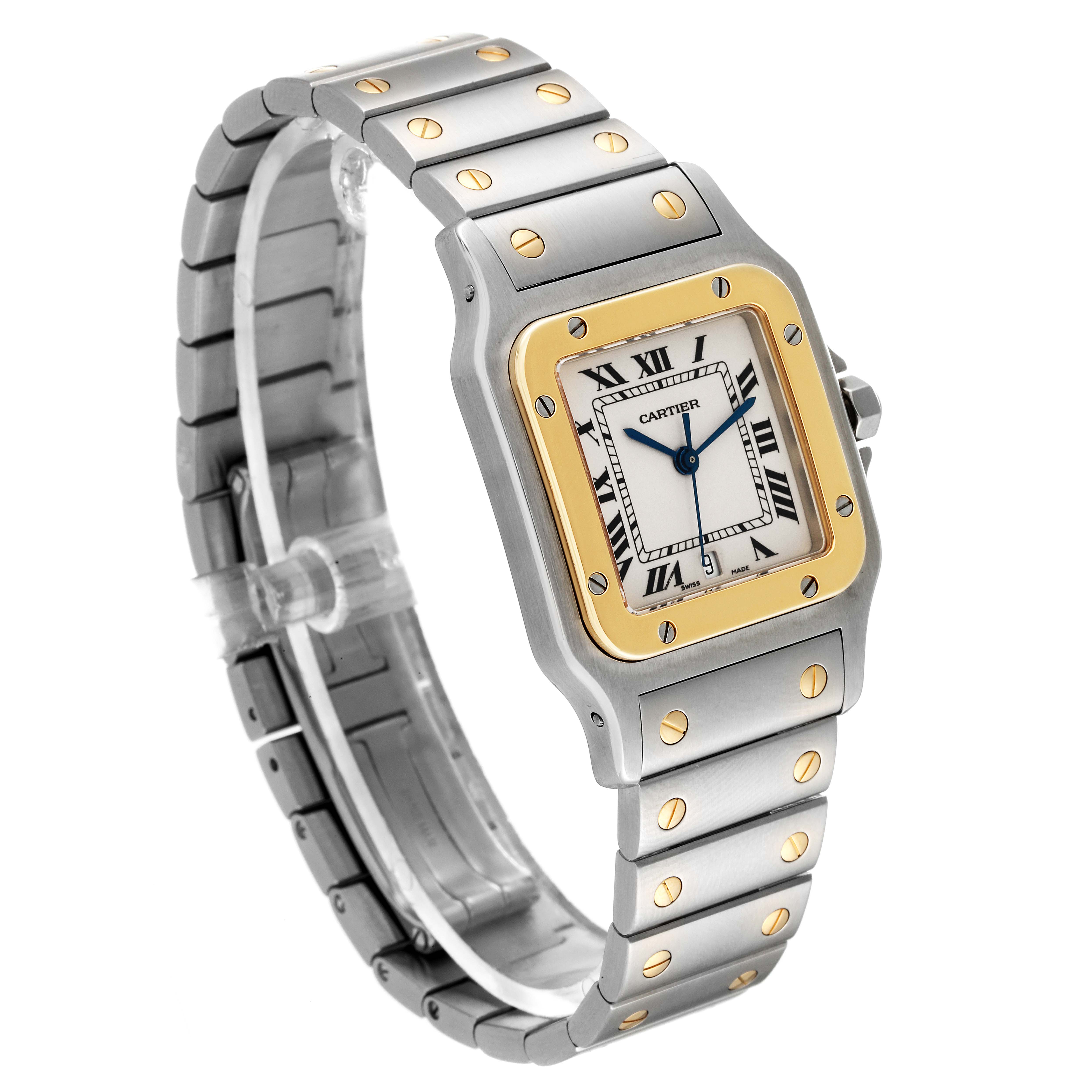 The image shows a side and angled view of a Santos model watch by Cartier, displaying its face and metal strap.