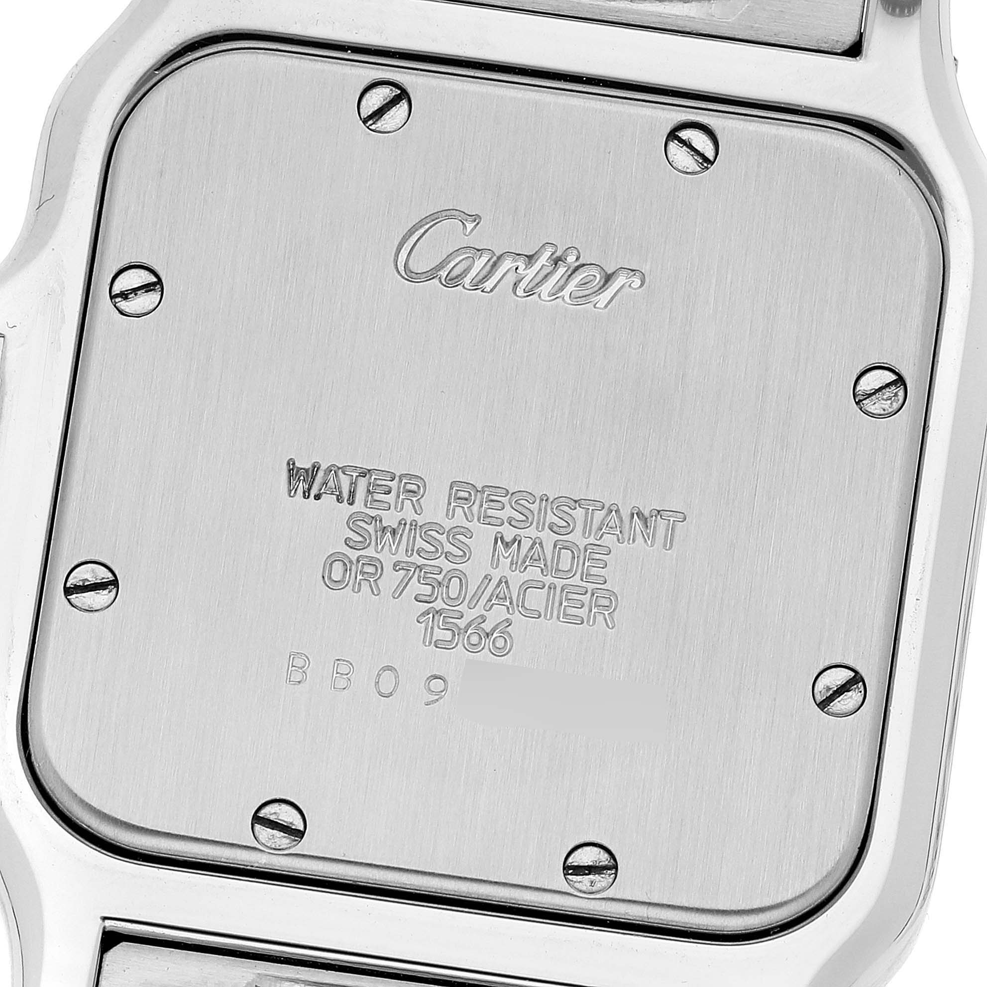 This image shows the case back of the Santos model by Cartier, highlighting the branding and specifications.