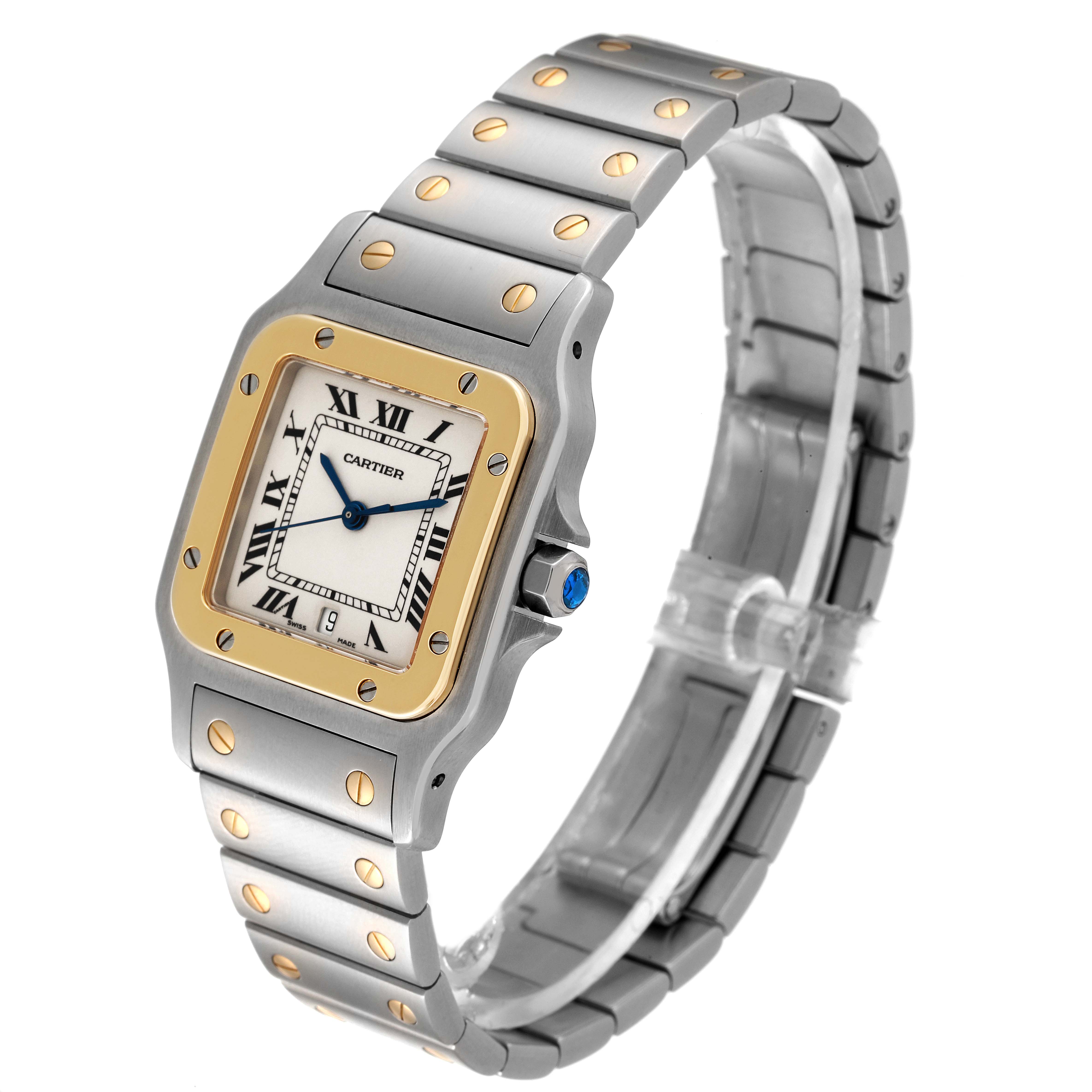 This image shows a side view of a Santos de Cartier watch, highlighting its square face, roman numeral dial, and metal bracelet.