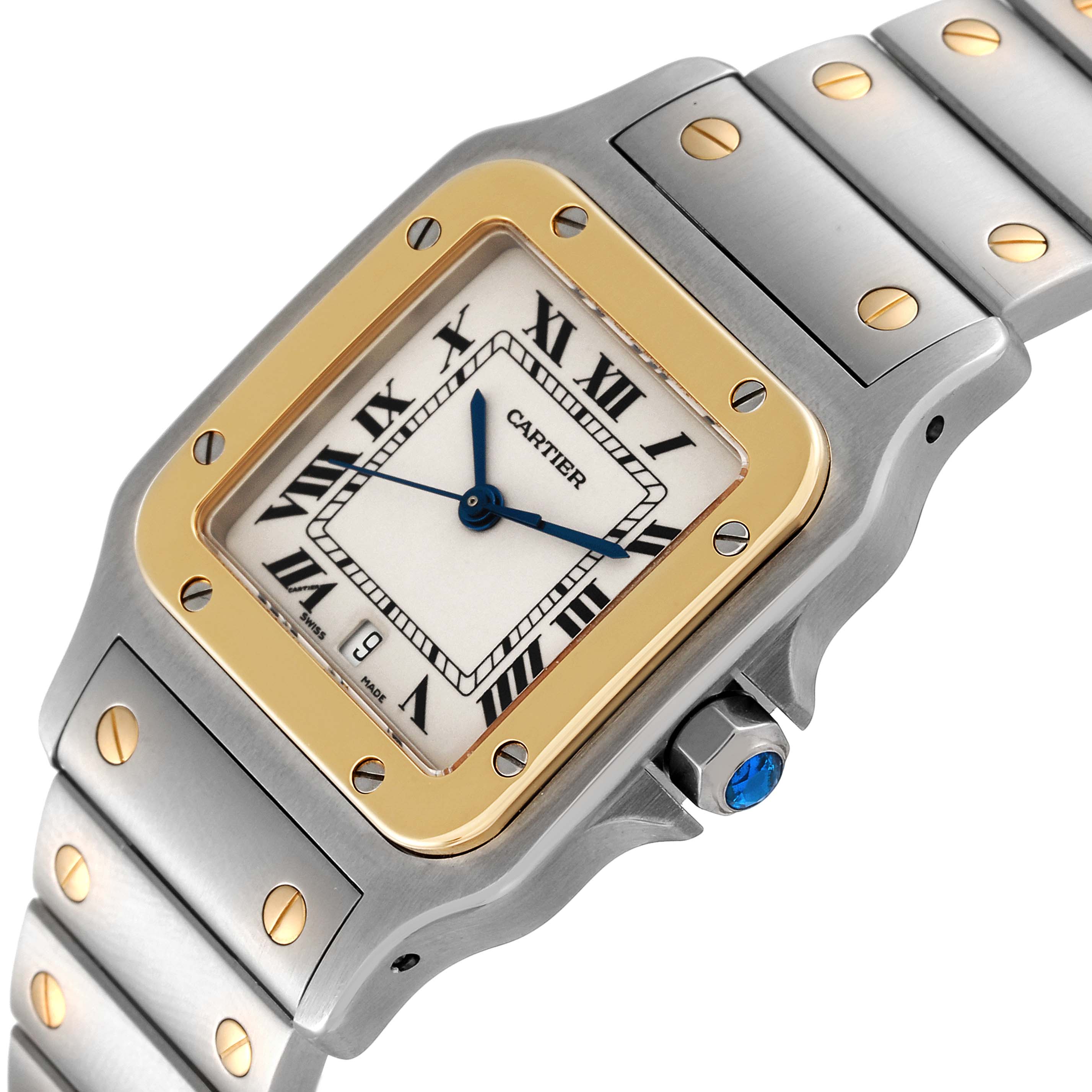 The image shows a close-up angle of the Cartier Santos W20011C4 Men
s Steel and Gold (two tone) Silver Dial W20011C4 Men
s Steel and Gold (two tone) Silver Dial watch, featuring its face, bezel, crown, and part of the bracelet.