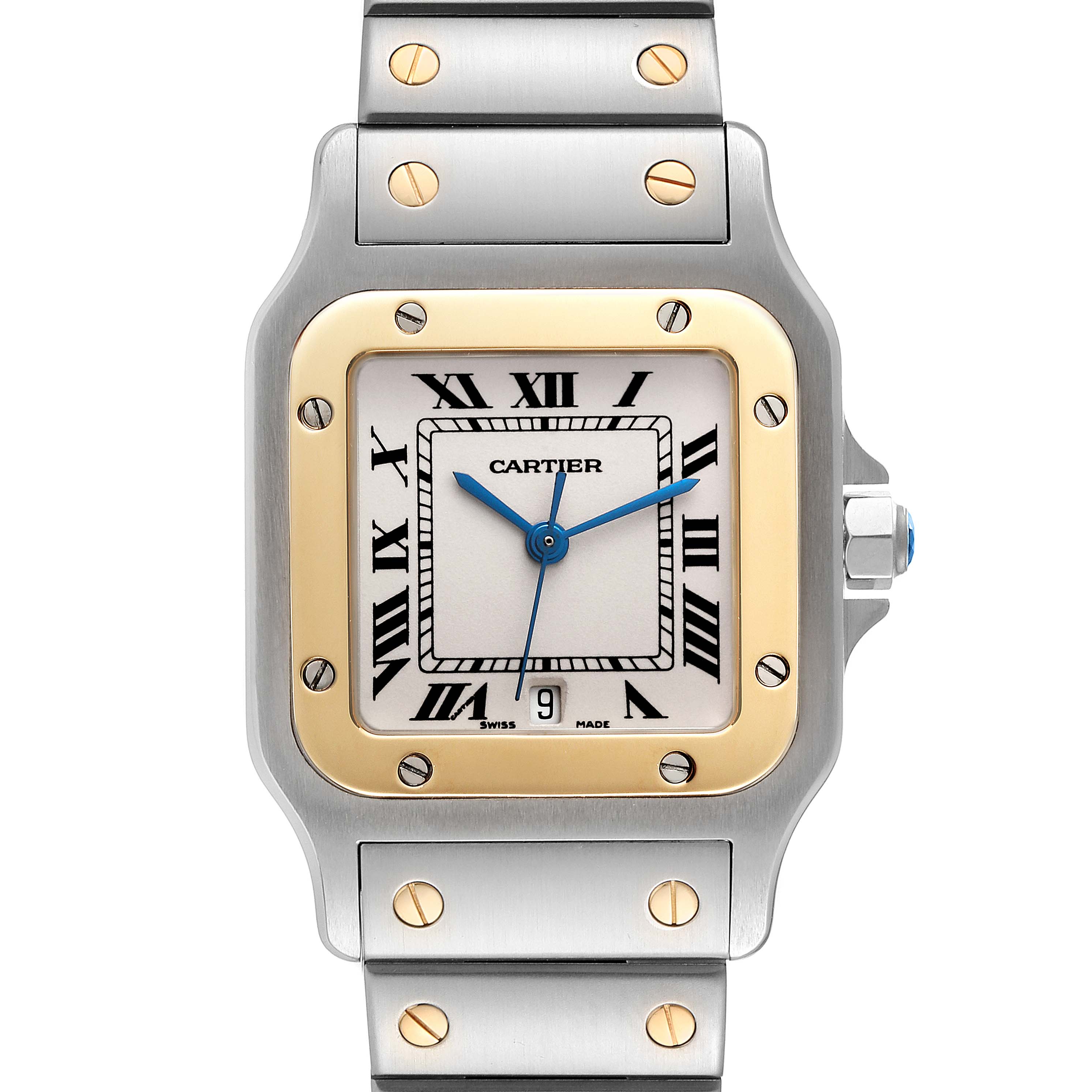 The image shows a frontal view of a Cartier Santos W20011C4 Men
s Steel and Gold (two tone) Silver Dial W20011C4 Men
s Steel and Gold (two tone) Silver Dial watch, highlighting the face, bezel, and part of the bracelet.