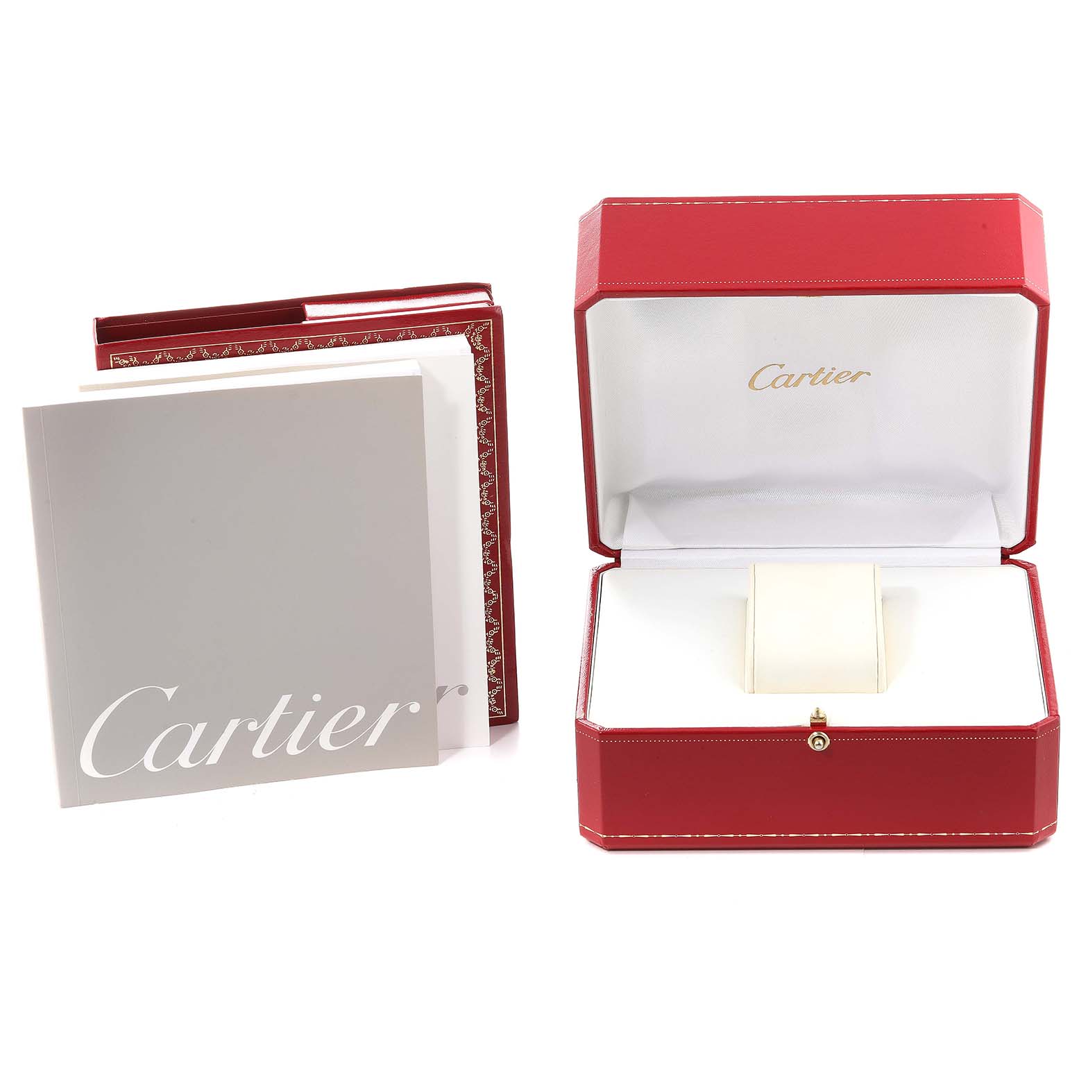 This image shows the packaging and manual for a Cartier Santos W20012C4 Women's Steel and Gold (two tone) Silver Dial W20012C4 Women's Steel and Gold (two tone) Silver Dial watch, including the red watch box and branded literature.