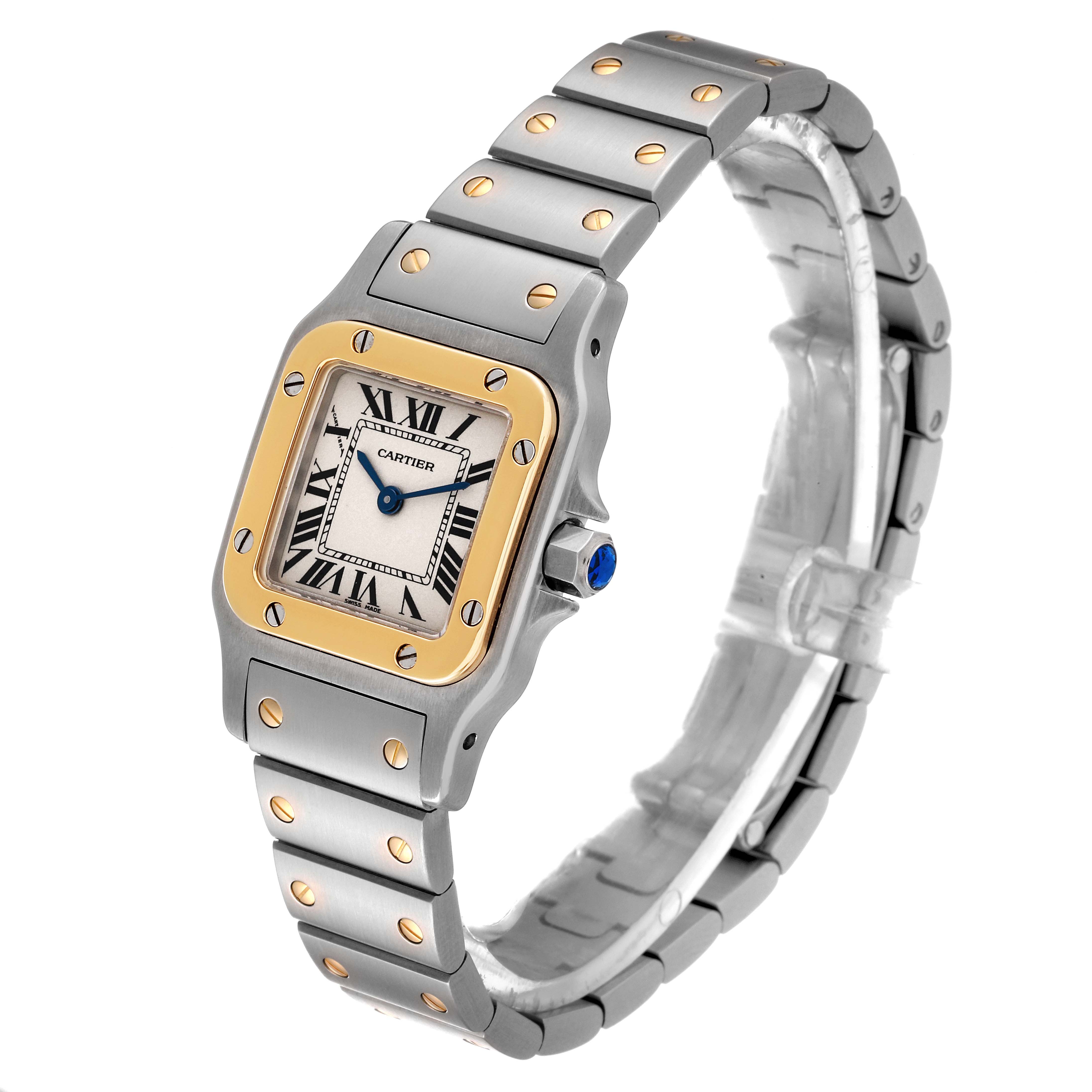 The image shows a Cartier Santos W20012C4 Women's Steel and Gold (two tone) Silver Dial W20012C4 Women's Steel and Gold (two tone) Silver Dial watch angled slightly to the right, highlighting the face, bezel, crown, and bracelet.