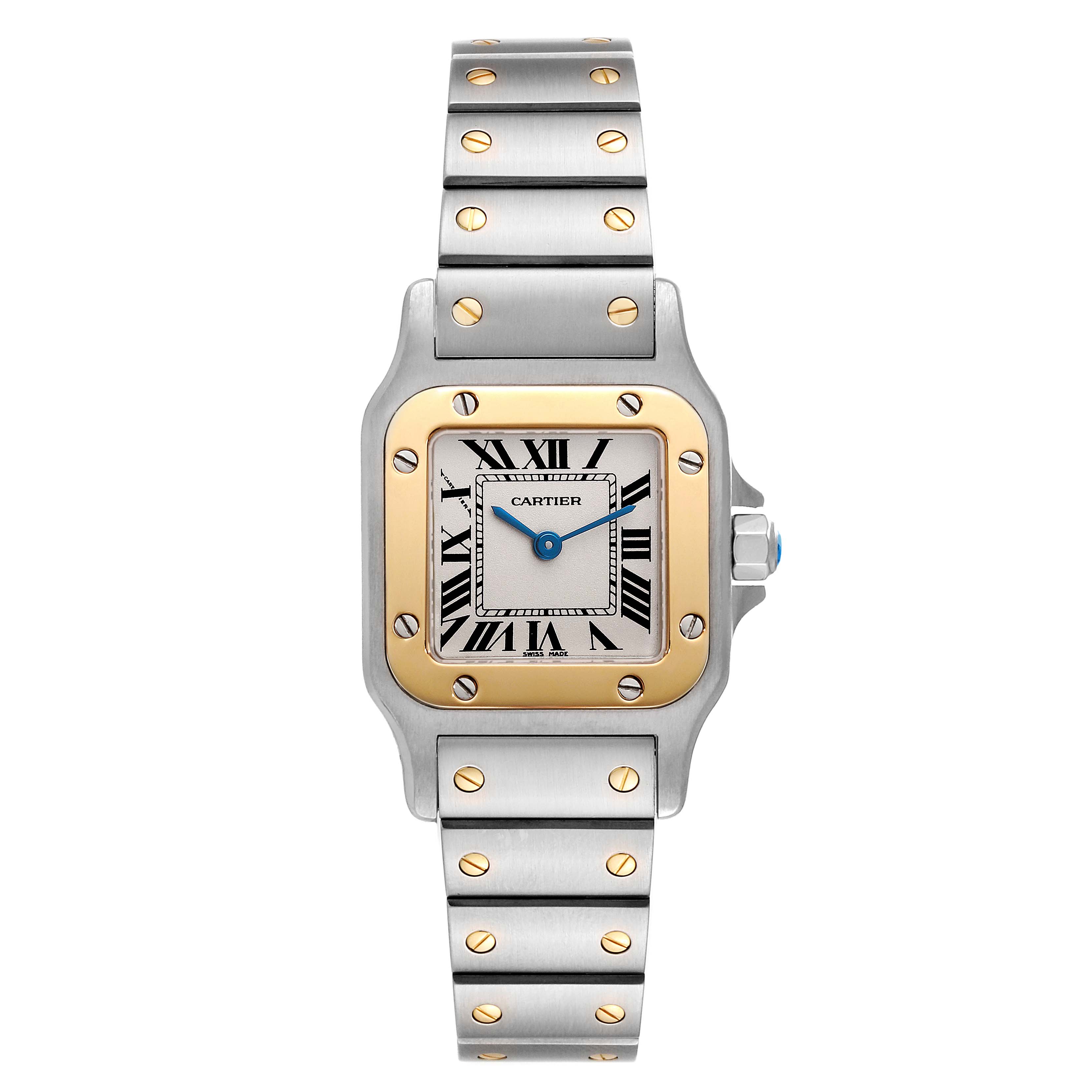 The image shows a front view of the Cartier Santos W20012C4 Women's Steel and Gold (two tone) Silver Dial W20012C4 Women's Steel and Gold (two tone) Silver Dial watch, highlighting its square face, two-tone bezel, and bracelet with screws.