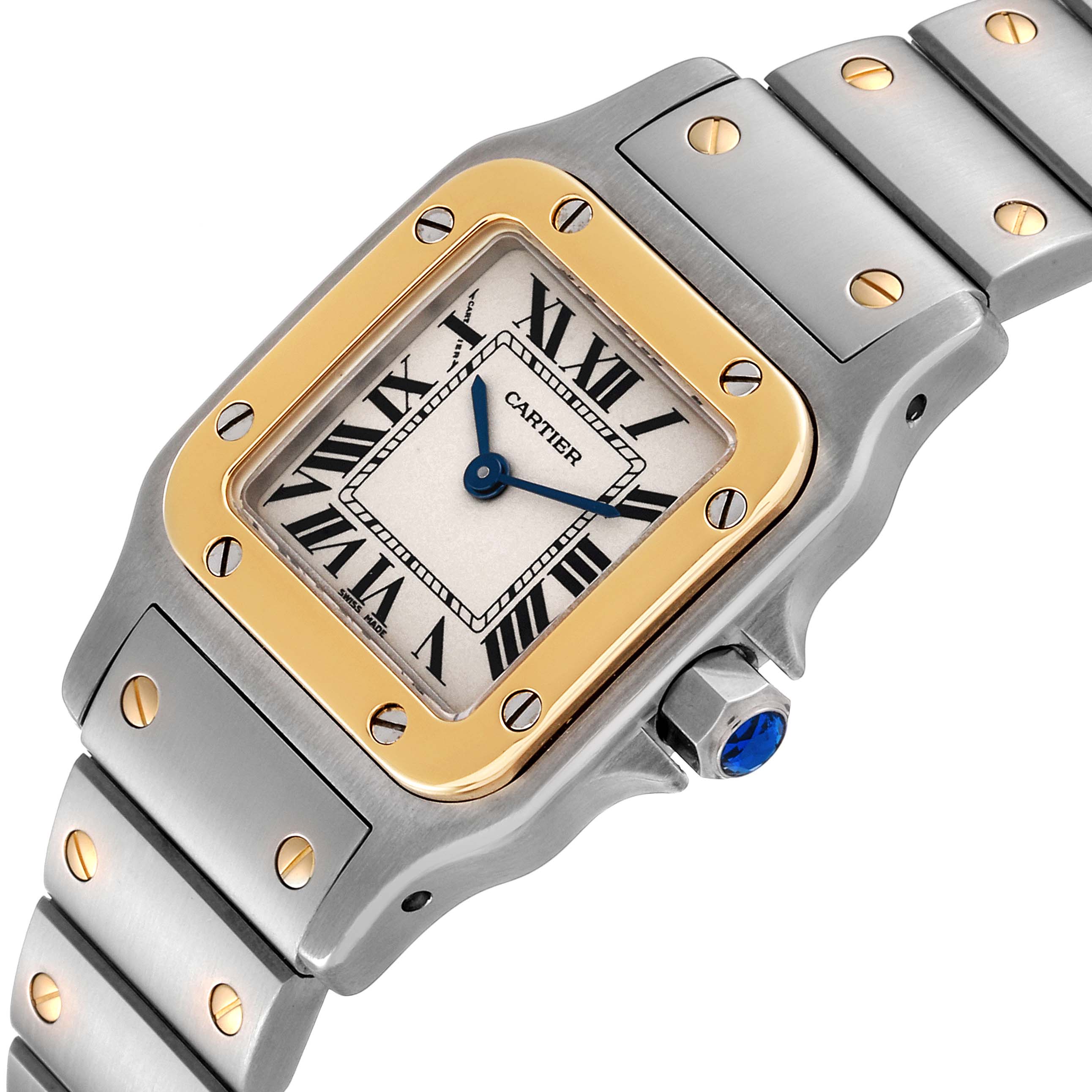 This Cartier Santos W20012C4 Women's Steel and Gold (two tone) Silver Dial W20012C4 Women's Steel and Gold (two tone) Silver Dial model watch is shown from an angled view, highlighting the face, bezel, crown, and part of the bracelet.
