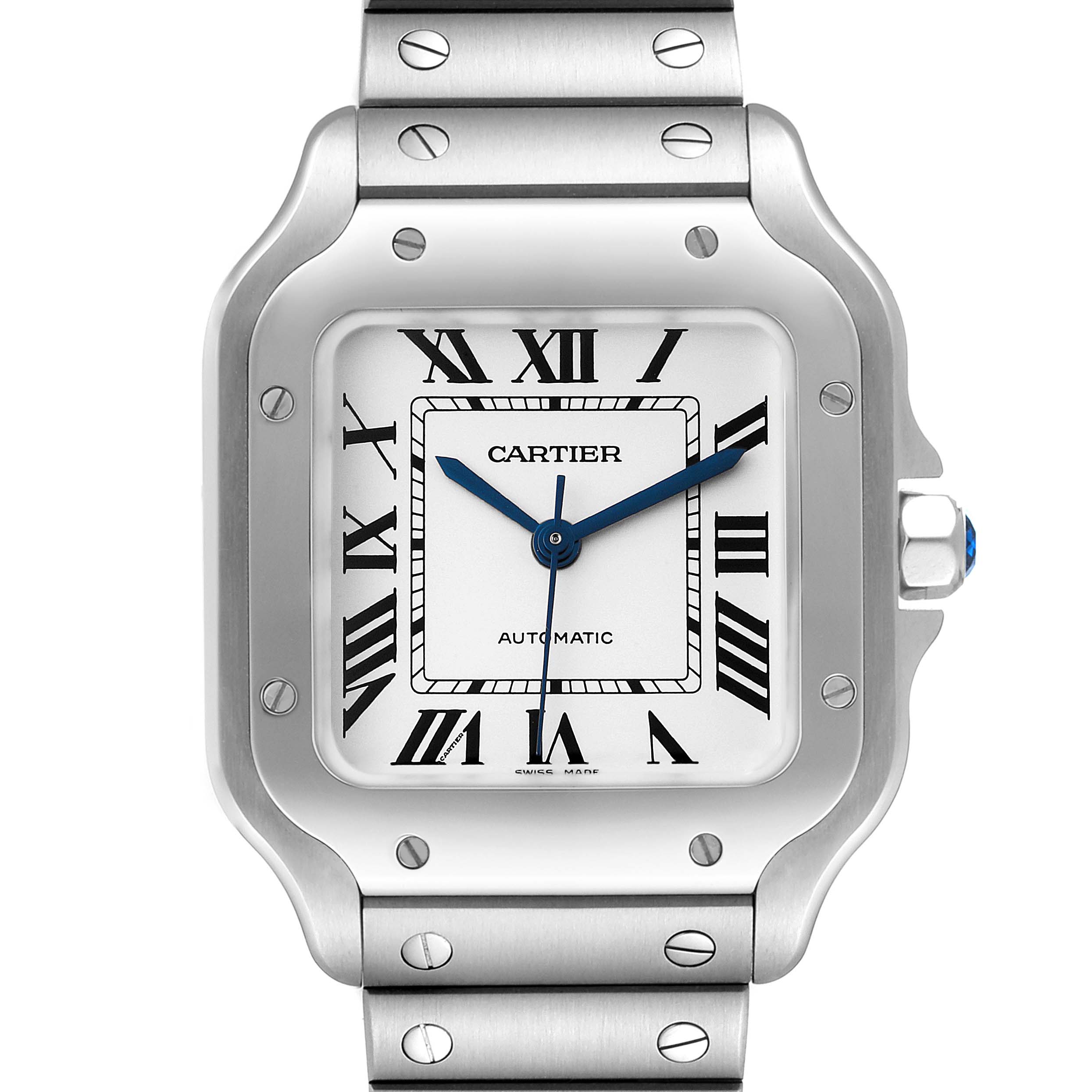 The image shows a close-up front view of the Santos de Cartier watch face and part of the band.