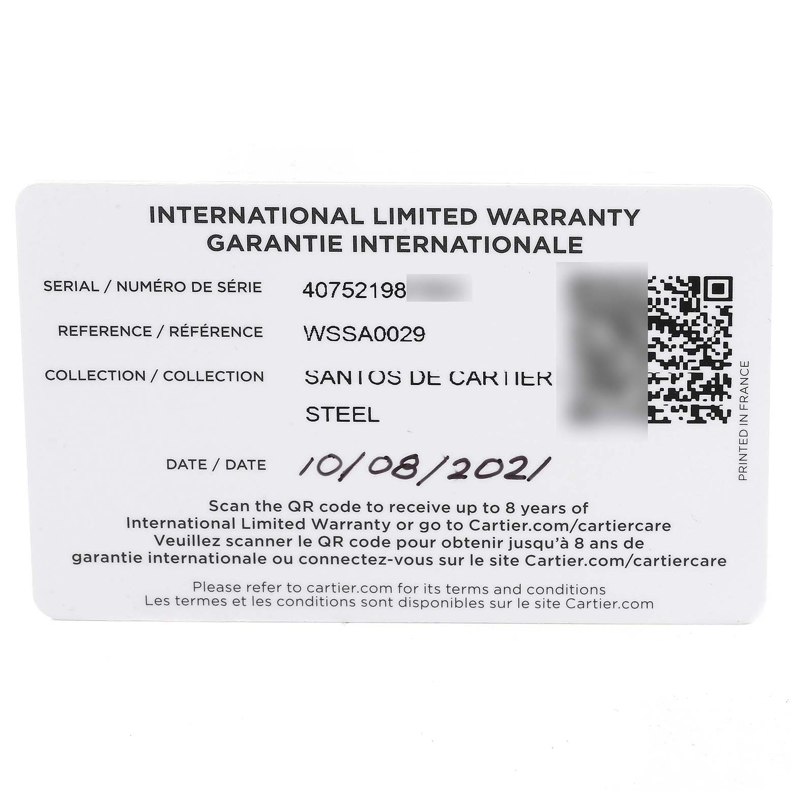 The image shows the International Limited Warranty card for the Santos model by Cartier.