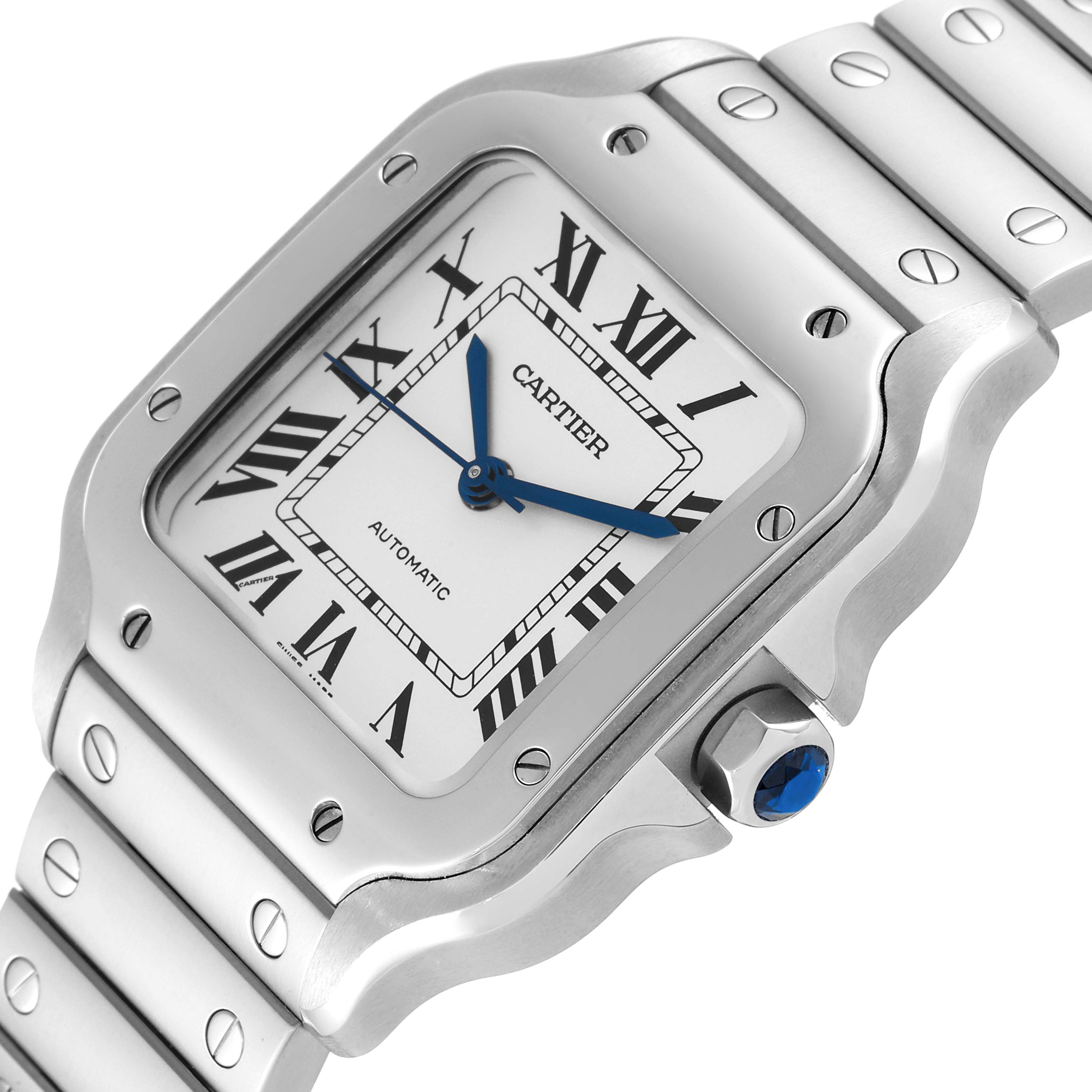 This image shows a close-up angled view of the Cartier Santos WSSA0029 Men's Stainless Steel Silver Dial WSSA0029 Men's Stainless Steel Silver Dial watch, highlighting the dial, bezel, and part of the bracelet.