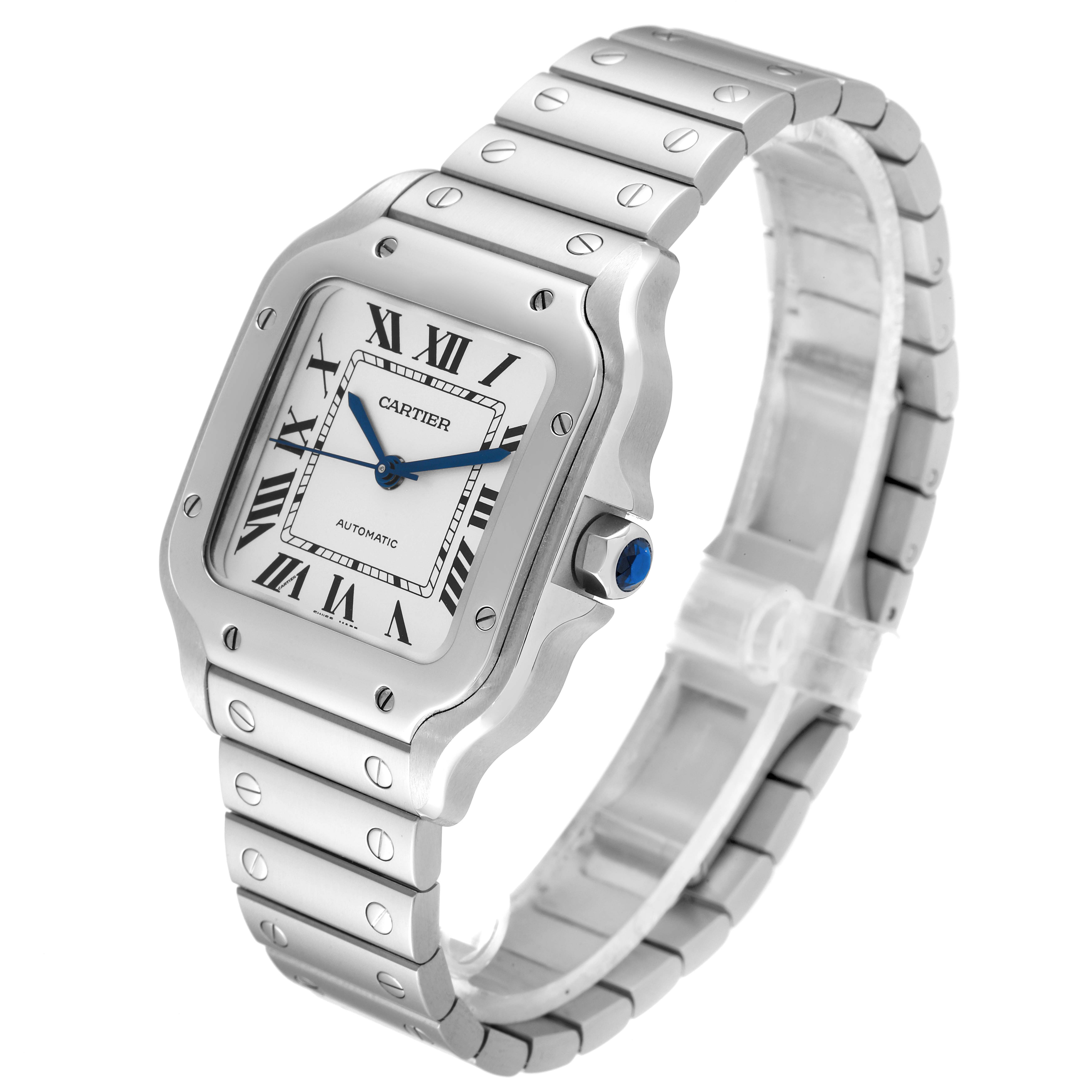 The Cartier Santos WSSA0029 Men's Stainless Steel Silver Dial WSSA0029 Men's Stainless Steel Silver Dial watch is shown at a front-side angle, featuring its stainless steel case, bracelet, Roman numeral dial, and blue hands.