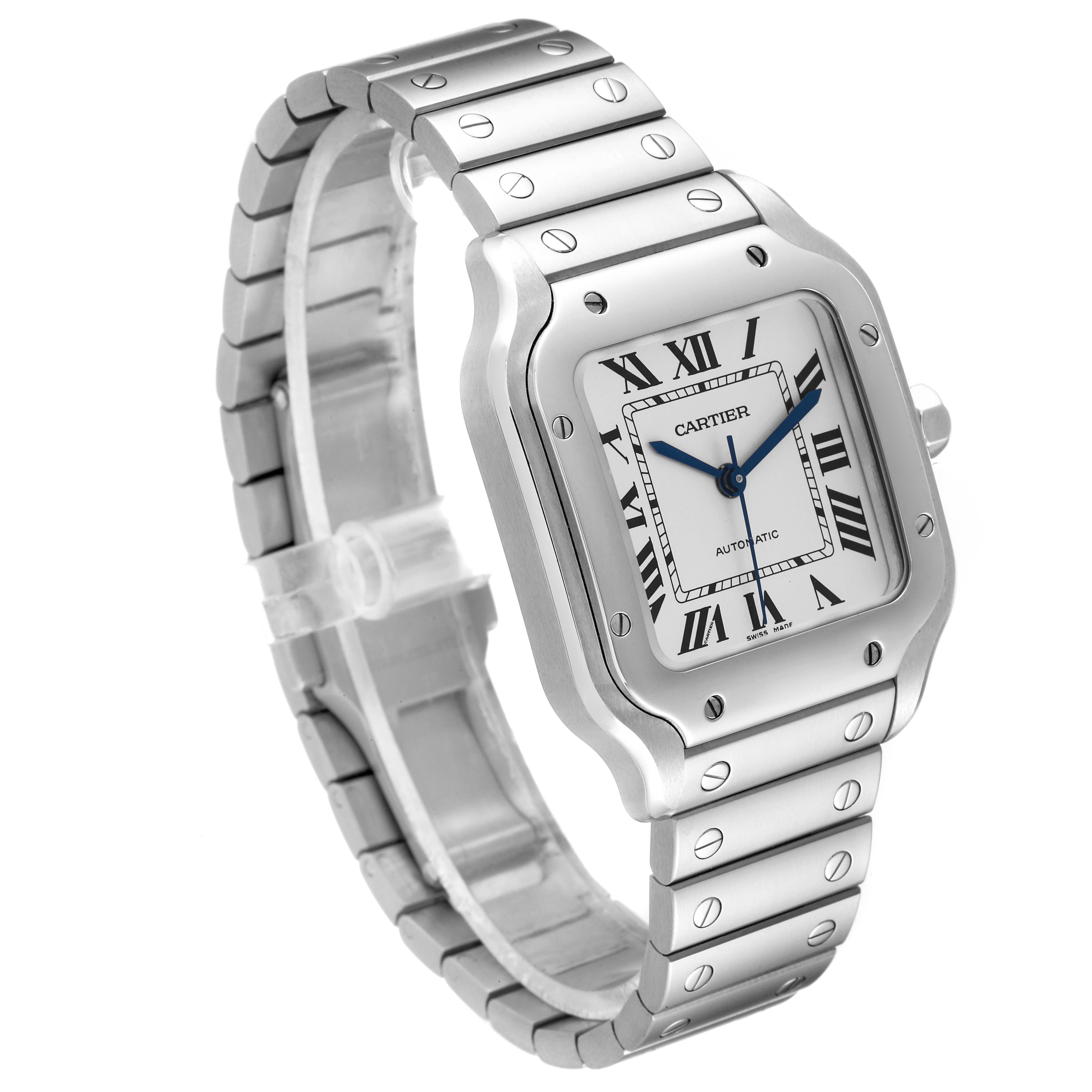 The image shows a Cartier Santos WSSA0029 Men's Stainless Steel Silver Dial WSSA0029 Men's Stainless Steel Silver Dial watch angled to display the face, bezel, and part of the bracelet.