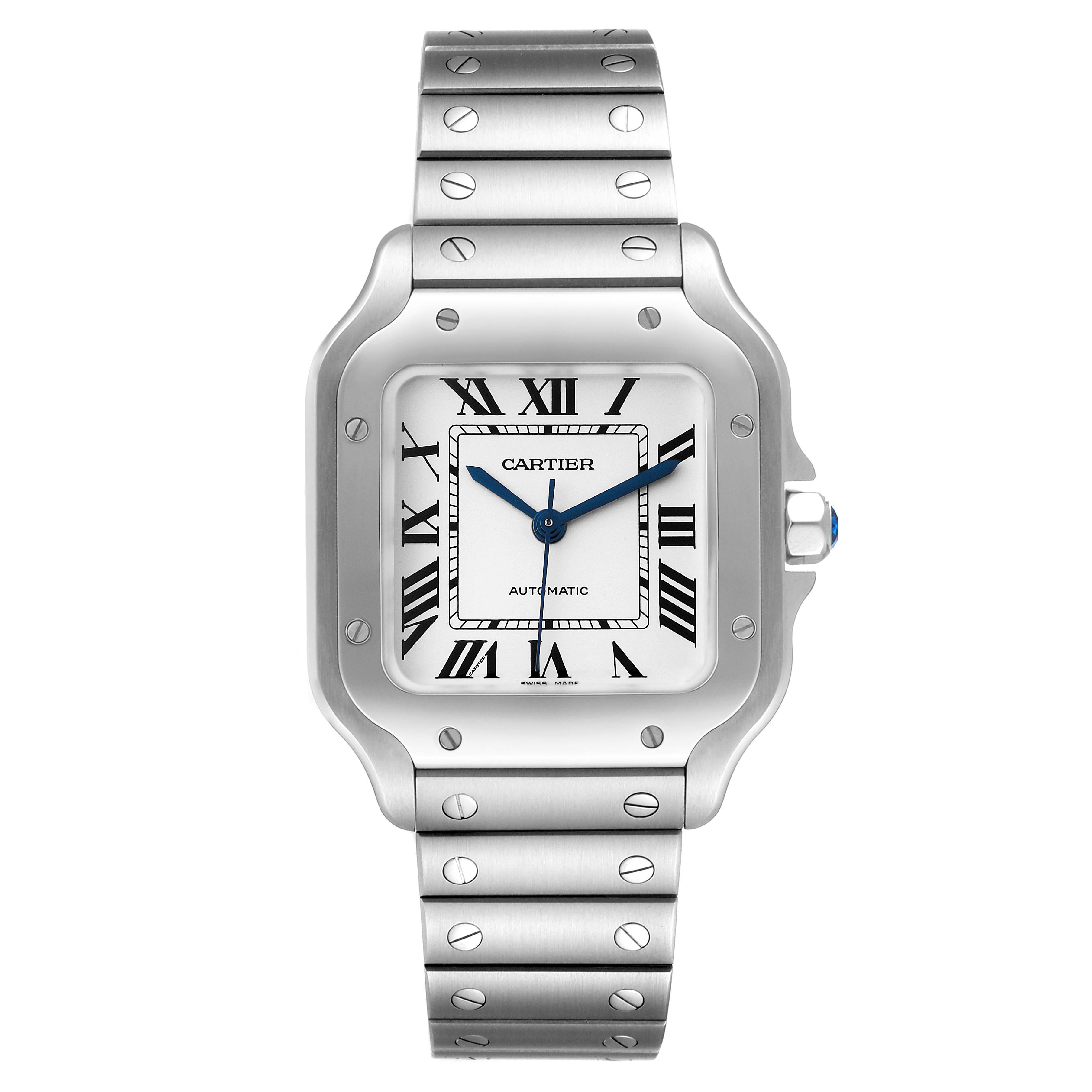The image shows a front view of a Santos model by Cartier, displaying the dial, bezel, crown, and bracelet.