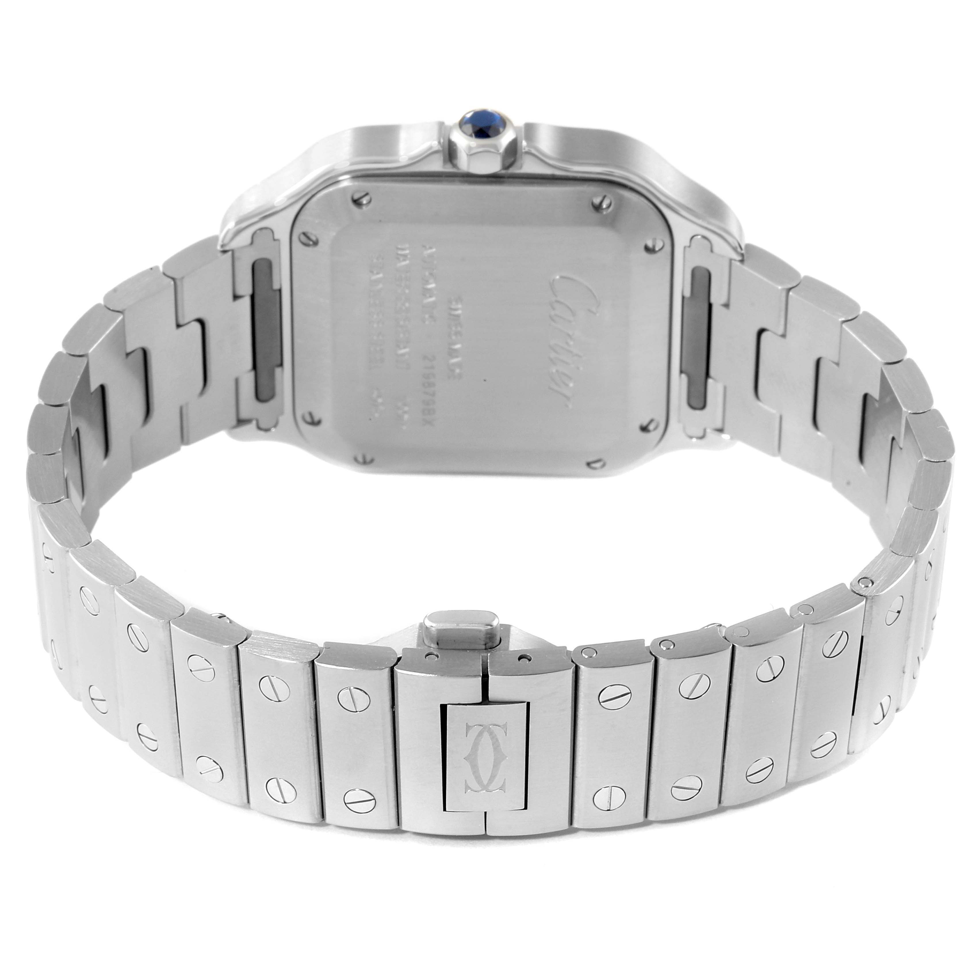 The image shows the back and bracelet of the Cartier Santos WSSA0029 Men's Stainless Steel Silver Dial WSSA0029 Men's Stainless Steel Silver Dial watch, highlighting the watch's case back and clasp.